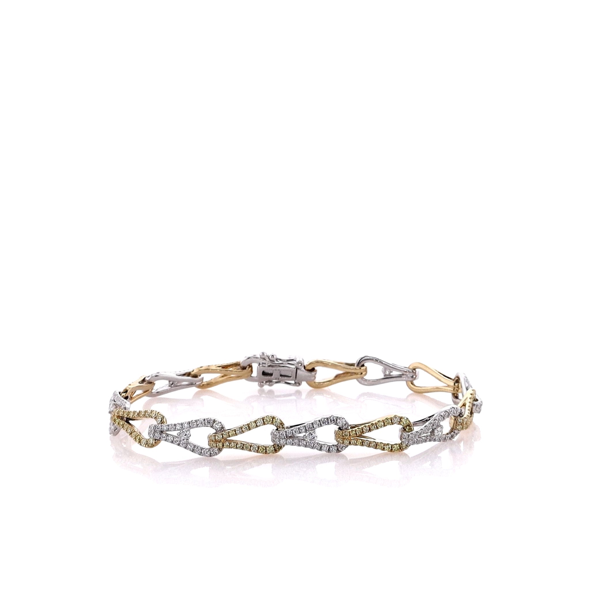 Exquisite 18k Two-Tone 7 Pear Shaped Link Bracelet Featuring Yellow and White Diamonds