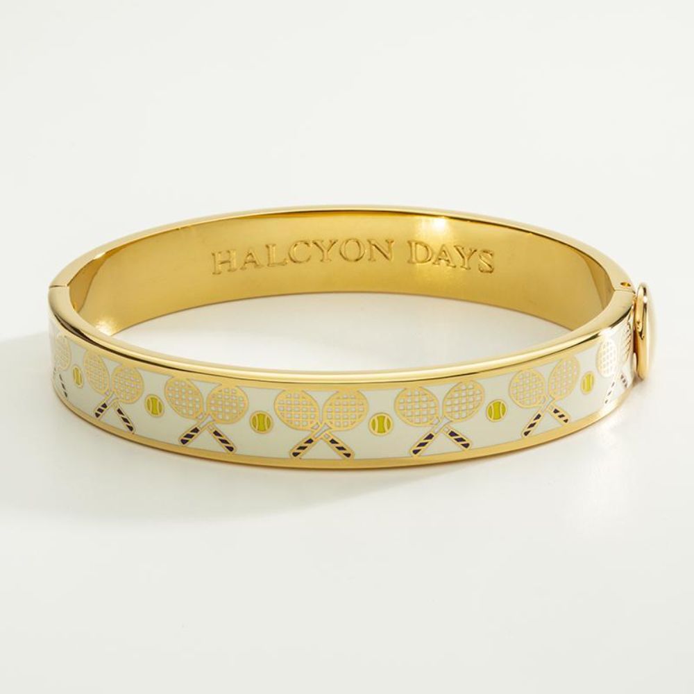Halcyon Days Luxury 1cm Gold - Plated Hinged Enamel Tennis Racket and Ball Bangle for Fashion Accessories