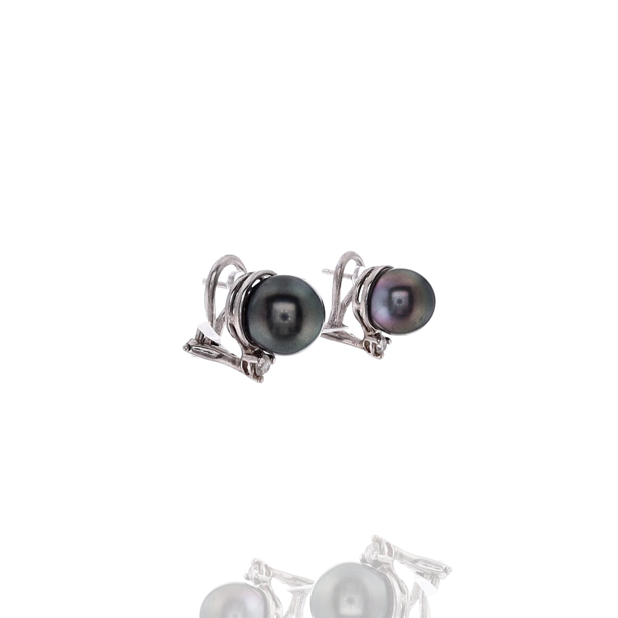 14k White Gold Estate Style Black Cultured Pearl and Diamond Studded Pierced or Clip - On Earrings for Women