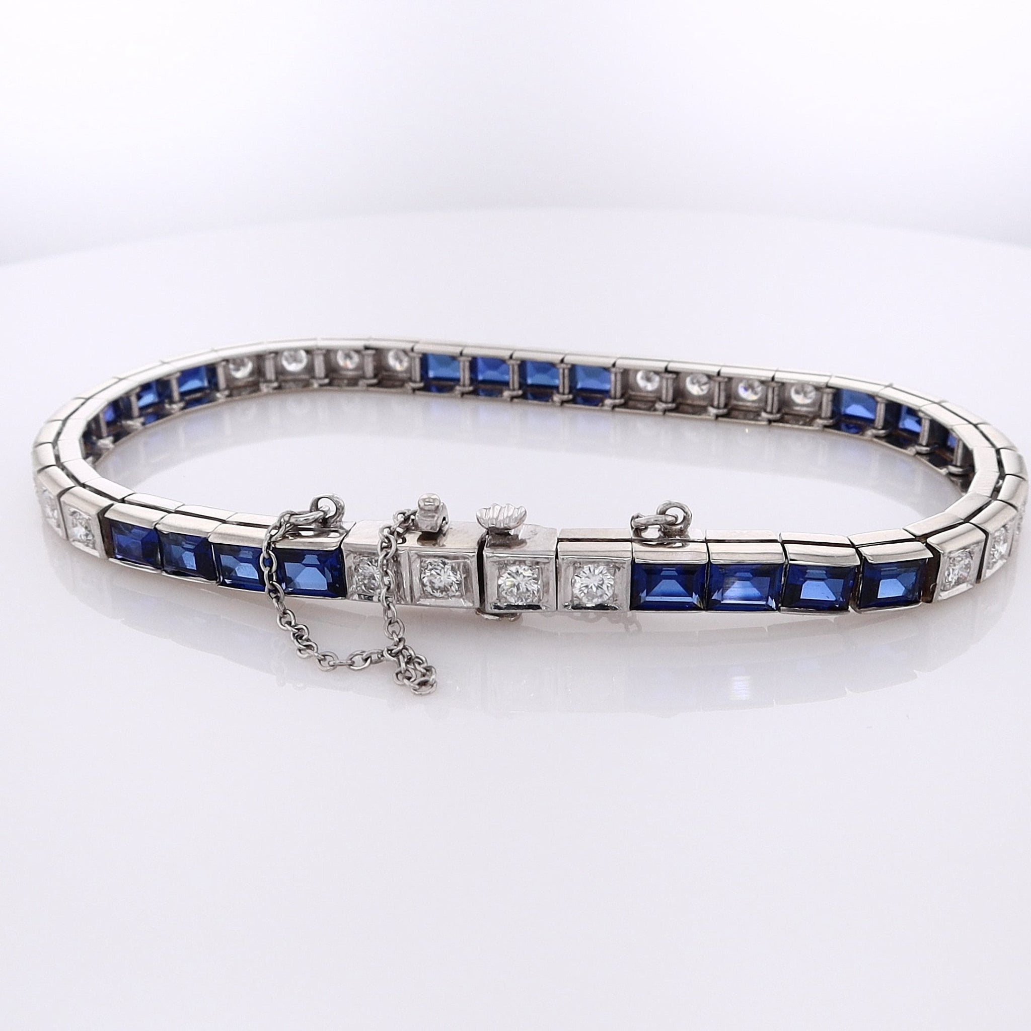 Exquisite 14K White Gold Diamond and Synthetic Sapphire Block-Style Bracelet with Safety Chain
