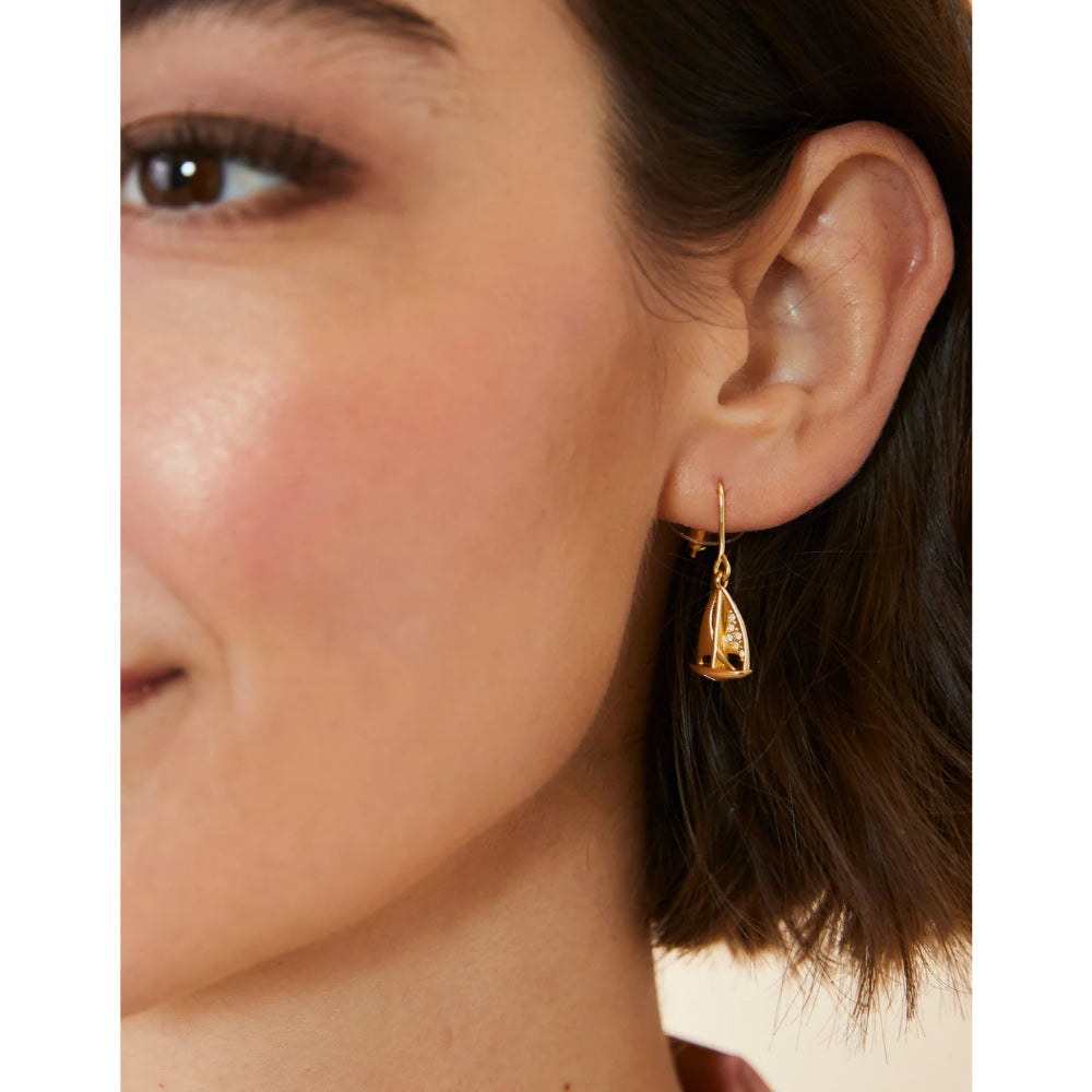 18kt Matte Gold Plated White Opal Little Sailboat Dangling Earrings