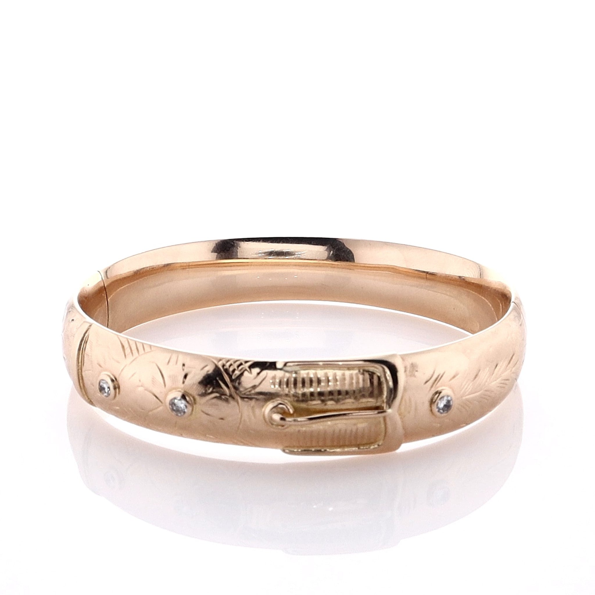 Exquisite 14k Yellow Gold Diamond Hinged Bangle Bracelet with Engraved Buckle Design
