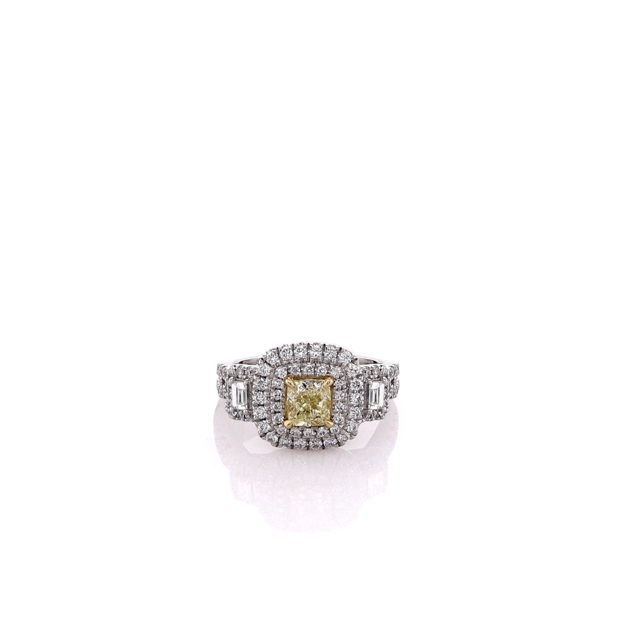 Exquisite Two-Tone Double Halo and Twist Shank Engagement Ring Featuring Yellow and White Diamonds