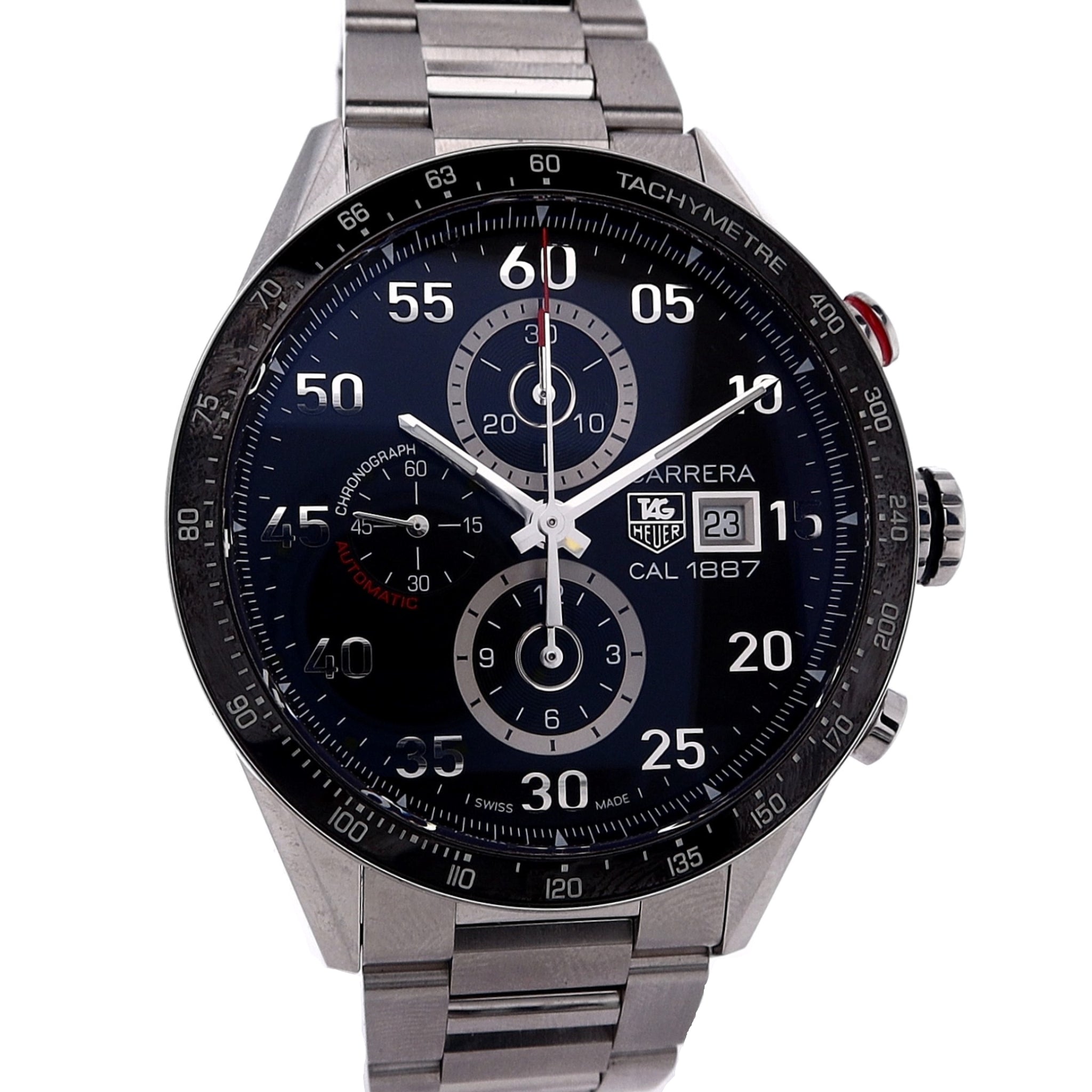Estate Men's Tag Heuer Carrera Automatic Stainless Steel 43mm Chronograph Watch with Black Dial (Model CAR2A10 - 2) and Box