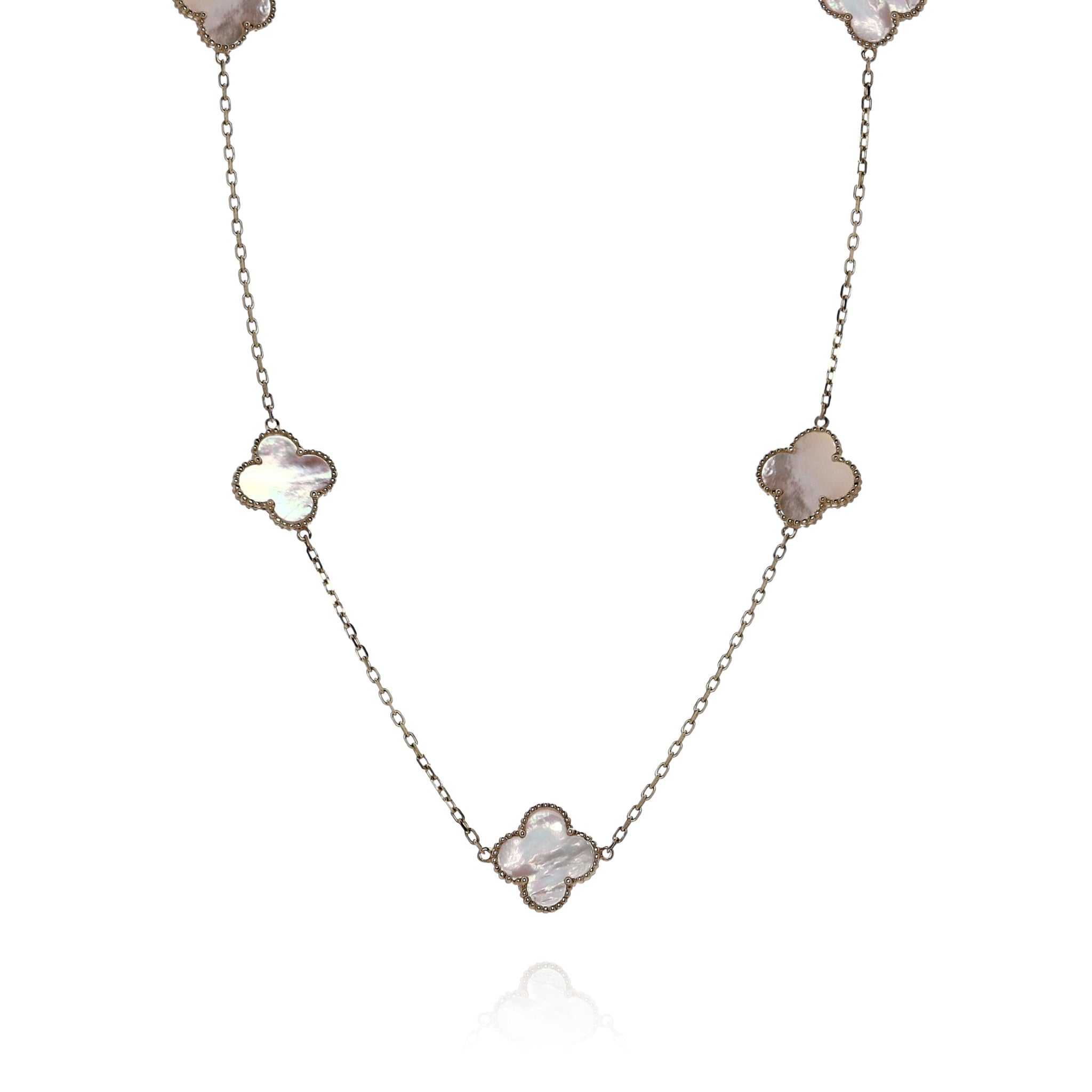 14k Yellow Gold Station Necklace with 24-inch Chain and Mother of Pearl Clover Design