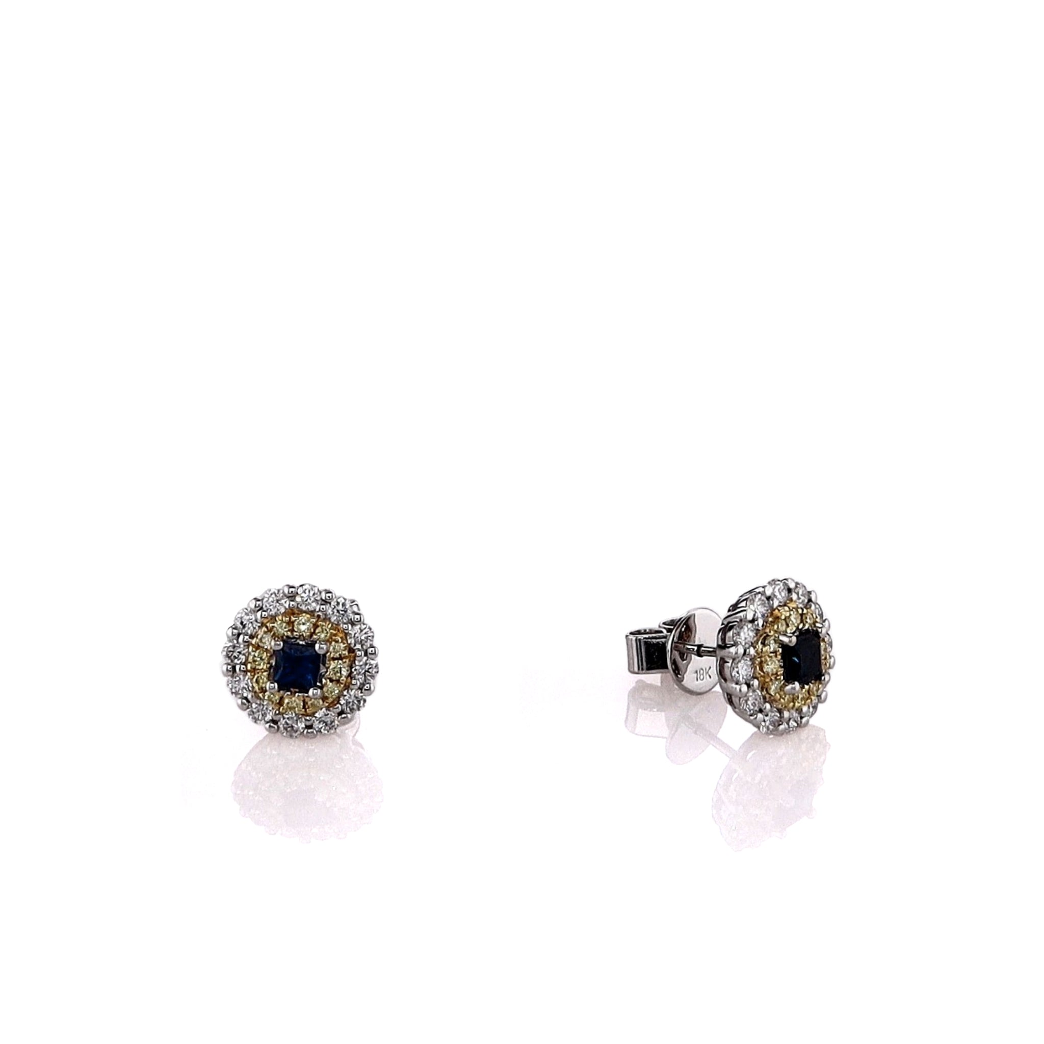 18k Double Halo Stud Earrings with Two-Tone Sapphire and Yellow/White Diamonds