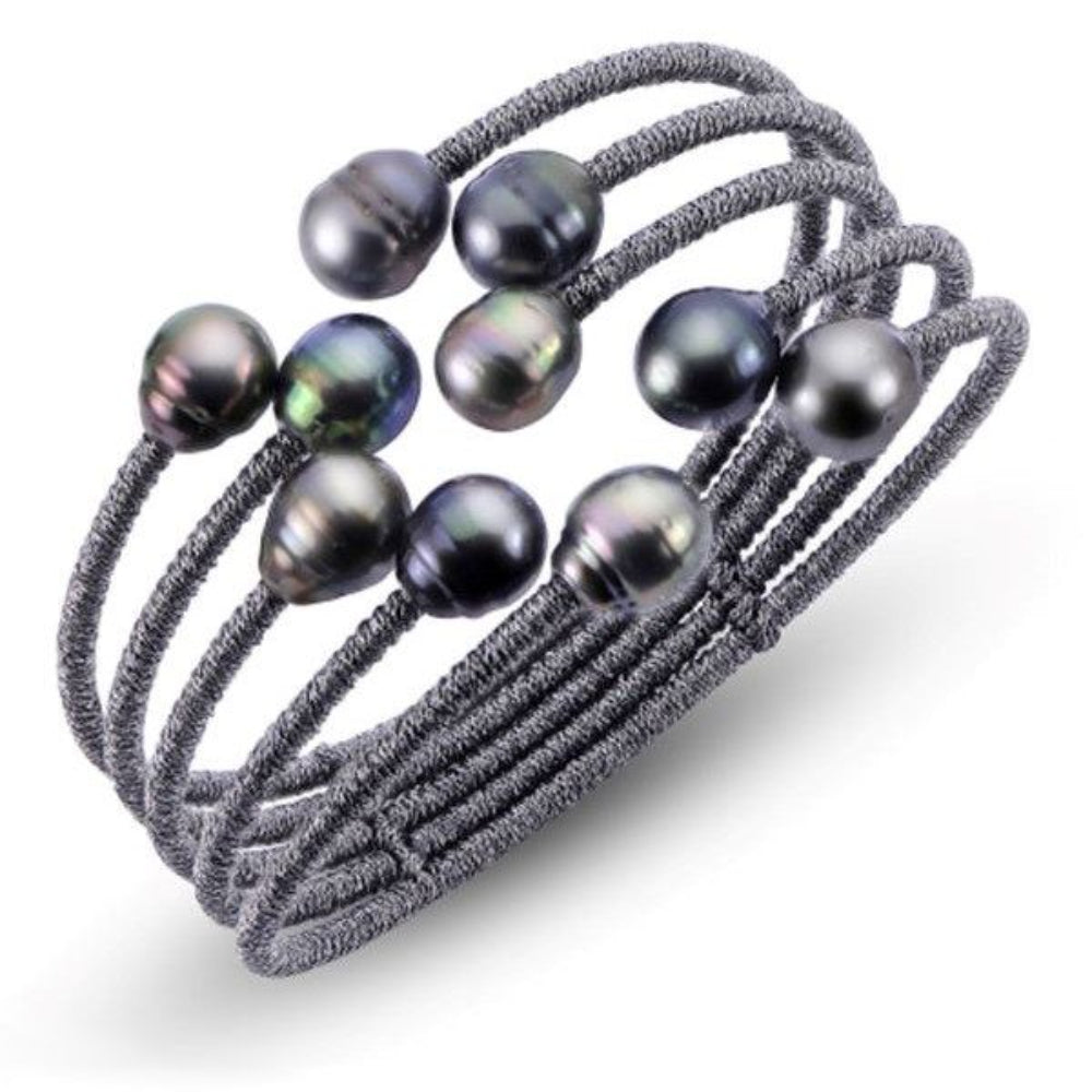 Stylish Dark Grey Cord Cuff Bracelet with 8 - 9mm Tahitian Pearls
