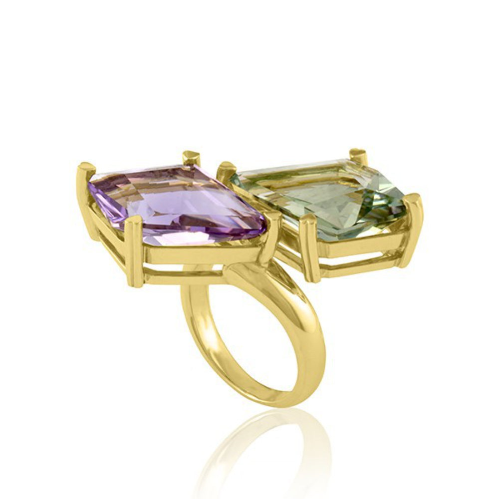 Exquisite 18k Gold Lisa Nik Bypass Ring with Green Quartz and Amethyst Gemstones