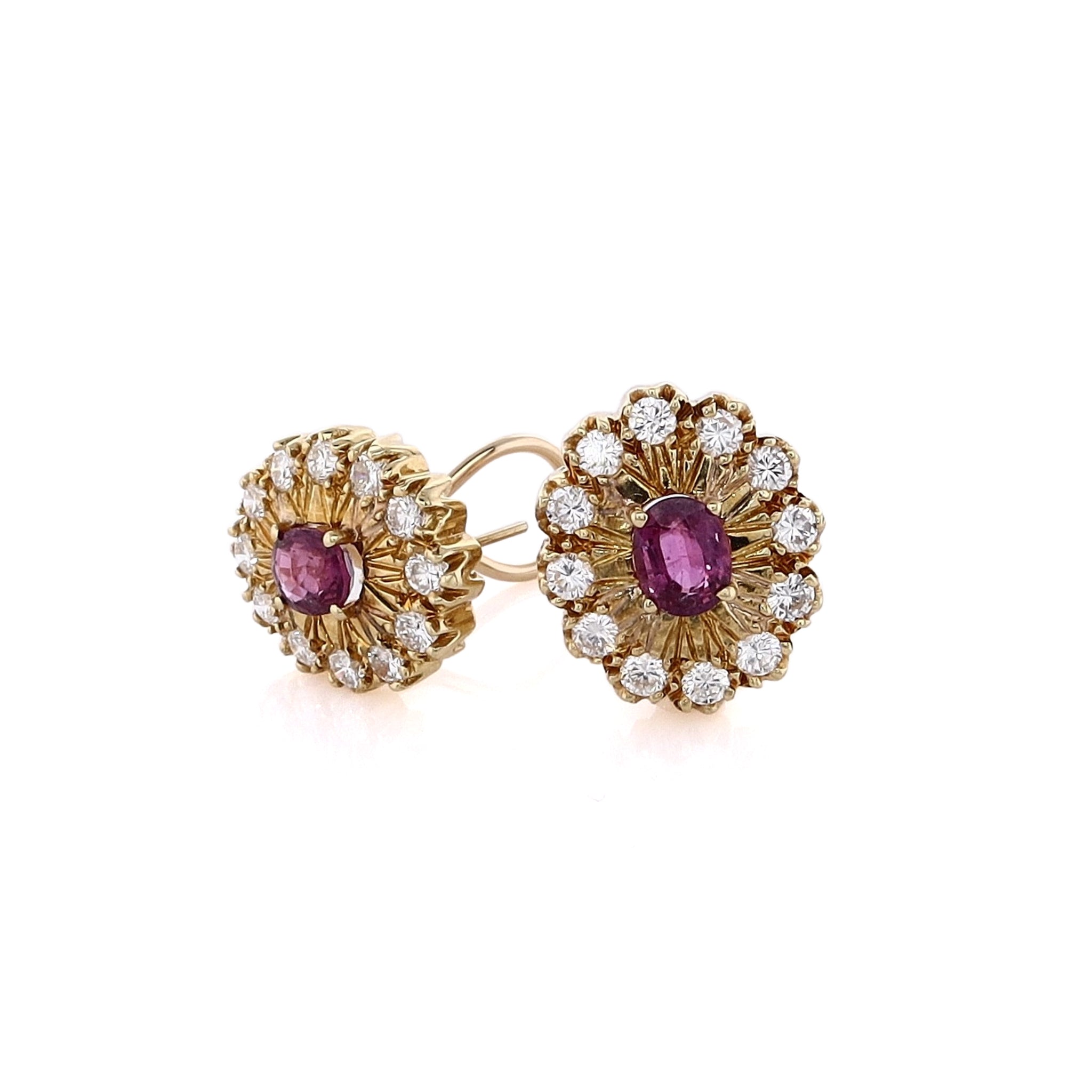 18K Yellow Gold Pink/Purple Sapphire and Diamond Starburst Omega Back Earrings