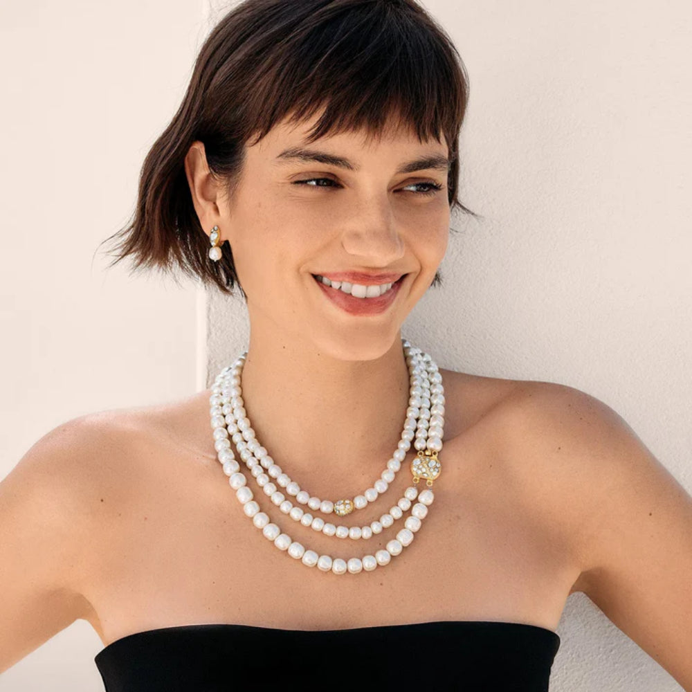 Brighton Gold Plated Pearl Drop Earrings with Hand - set European Crystals