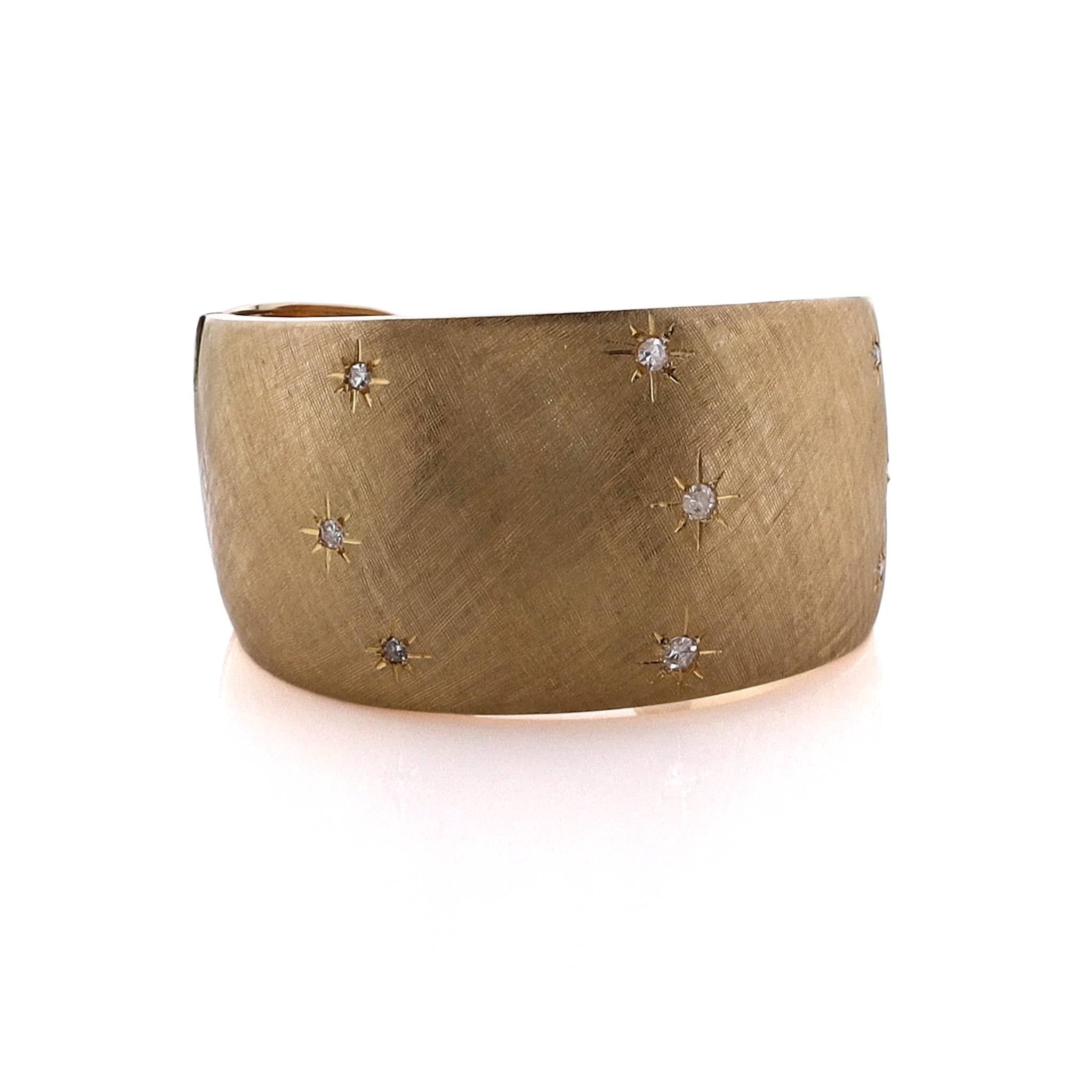 Estate 18 Karat Yellow Gold Hinged Wide Tapered Cuff Bracelet with Diamond and Florentine Finish - Luxury Jewelry Piece