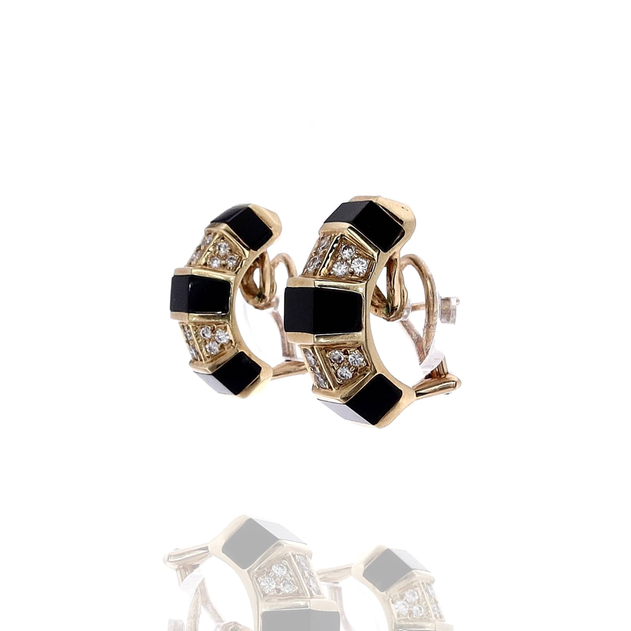 Exquisite 14k Yellow Gold Onyx and Diamond Triple - Sided Hoop Earrings
