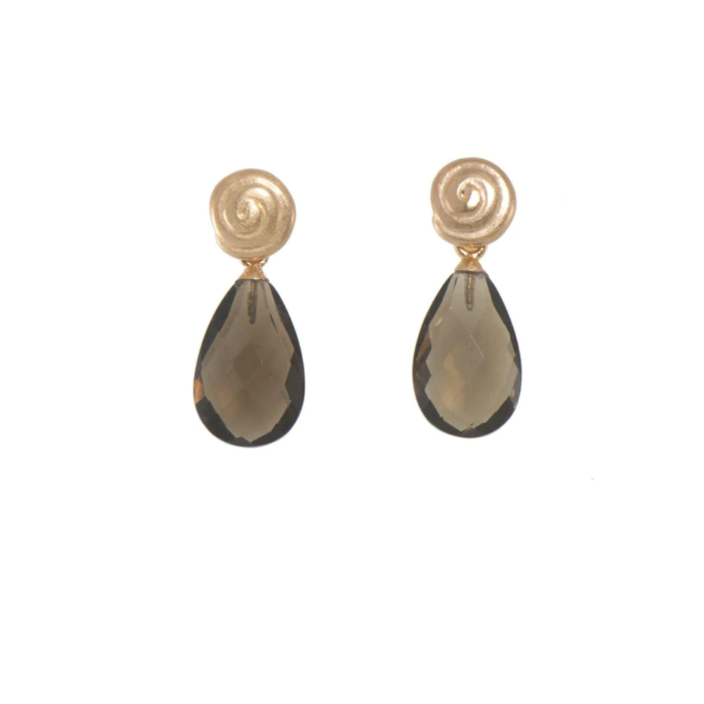 Joyla Stylish 24K Gold Vermeil Stud Earrings with Smoky Quartz in Gratitude Swirl Design