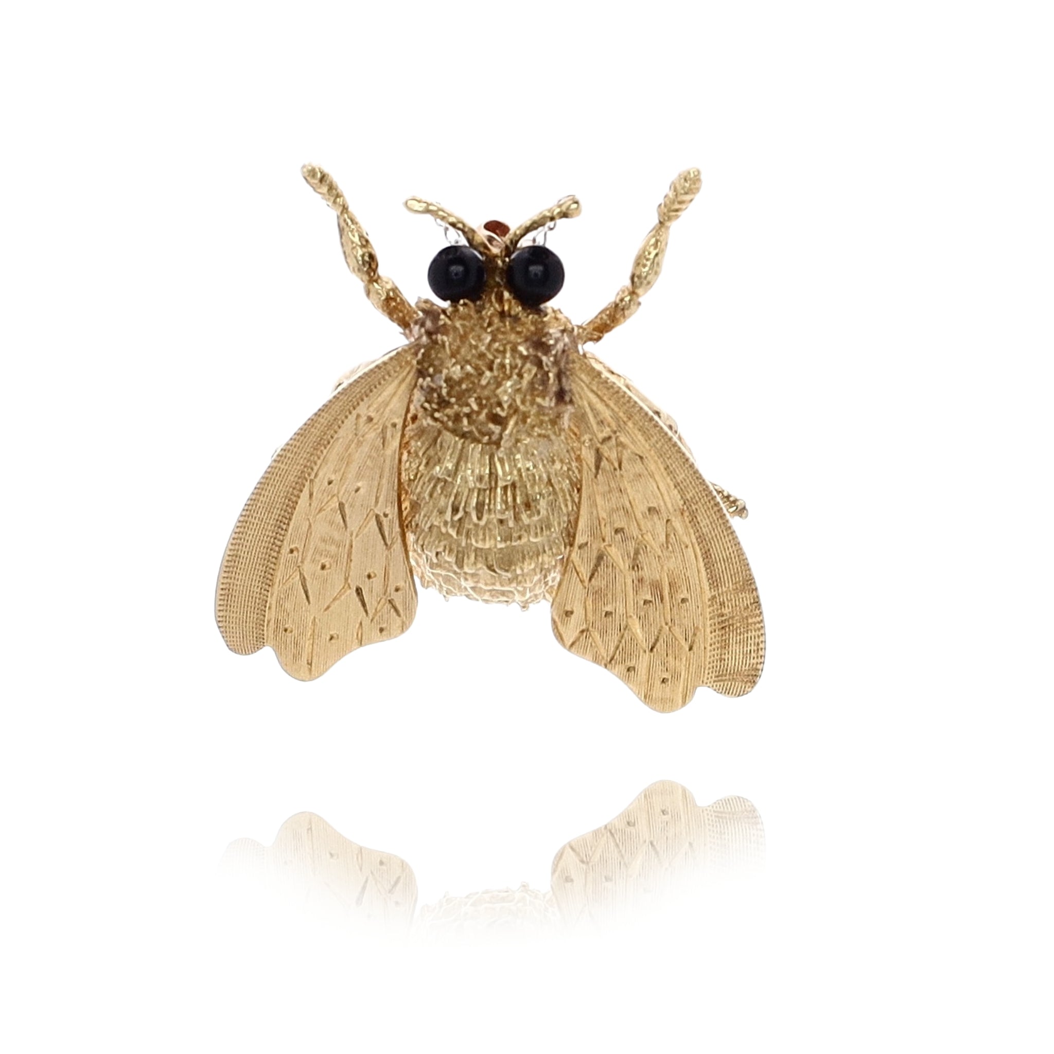 18K Yellow Gold Textured Fly Pin with Onyx Bead Eyes by Estate Cellino