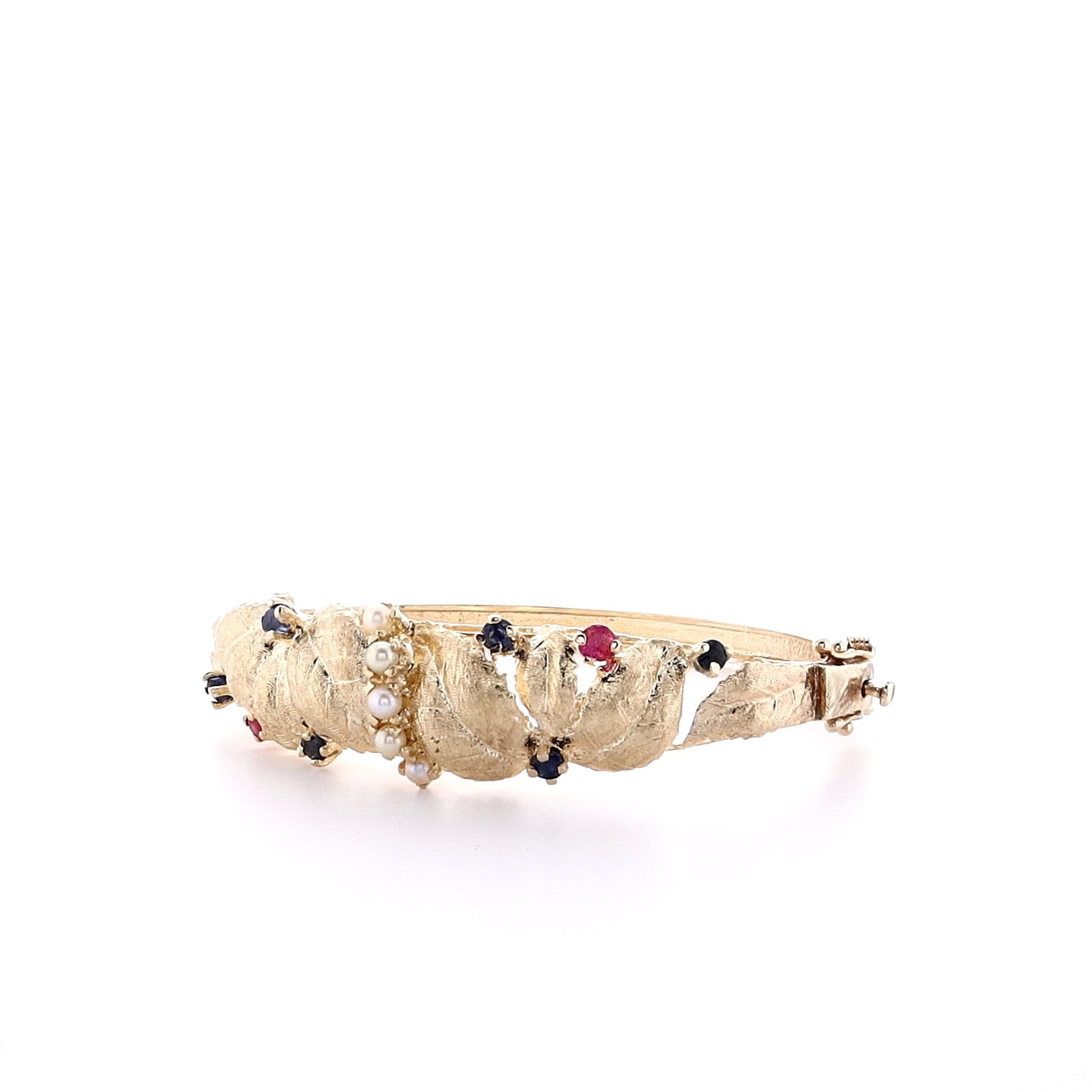 14k Yellow Gold Textured Leaf Multi - Gemstone Estate Bangle Bracelet