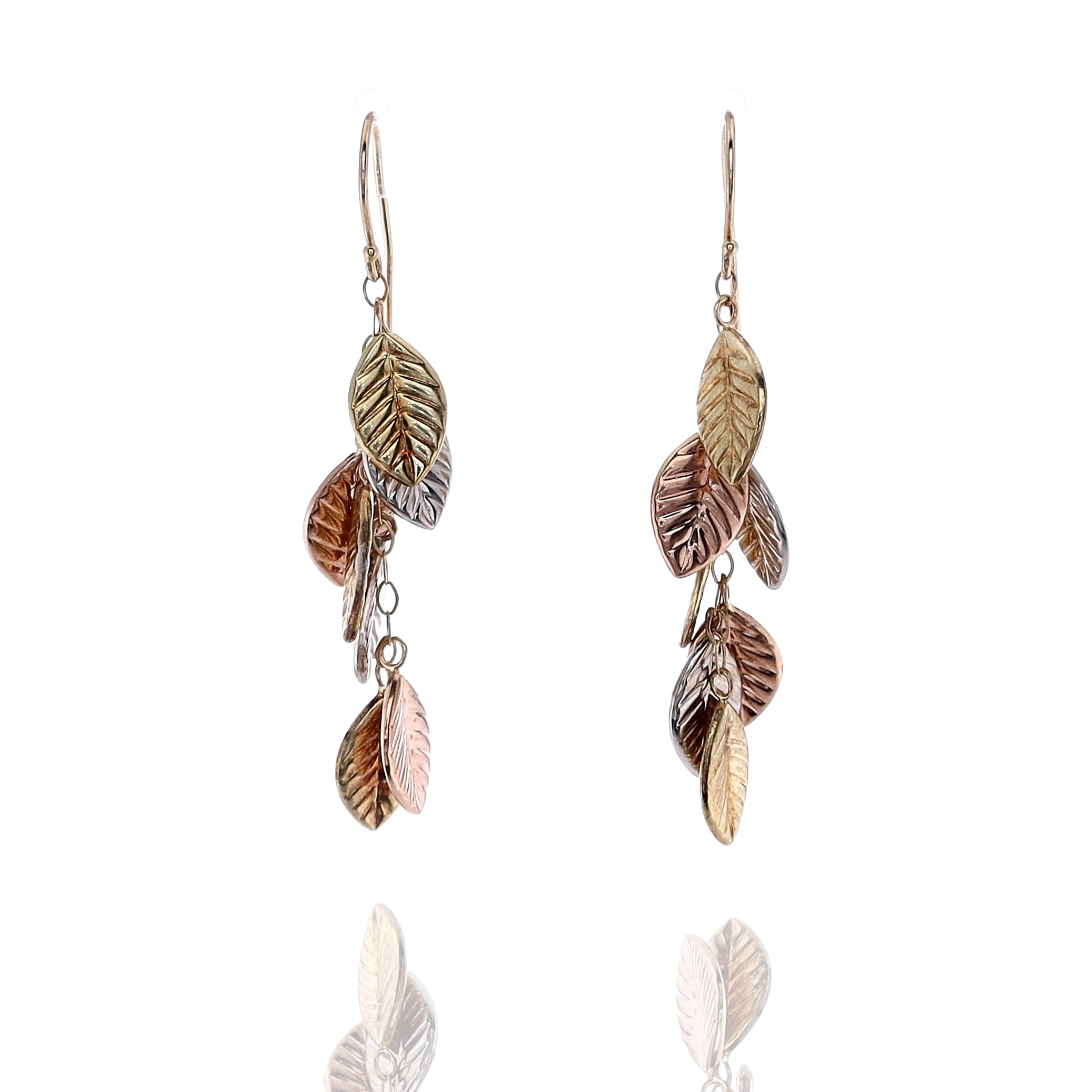 Exquisite 14k Tri - Tone Gold Dangle Earrings with Leaf - Shaped Design