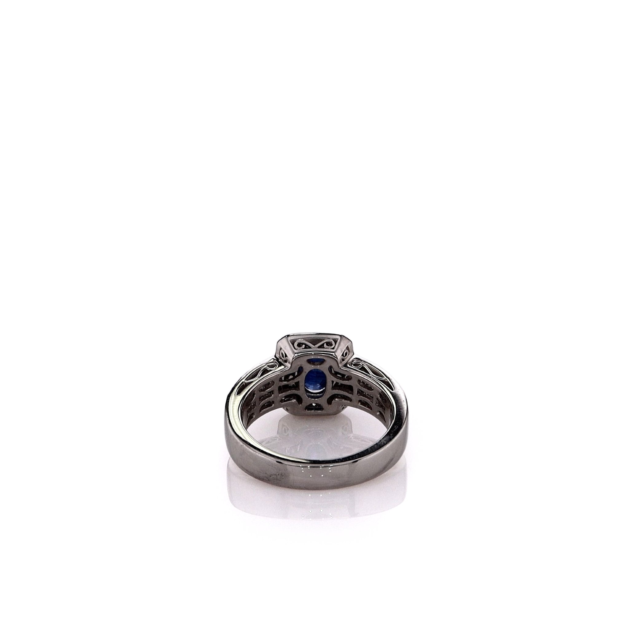 Simon G. Estate Platinum Triple Shank Halo Ring with Sapphire and Diamonds