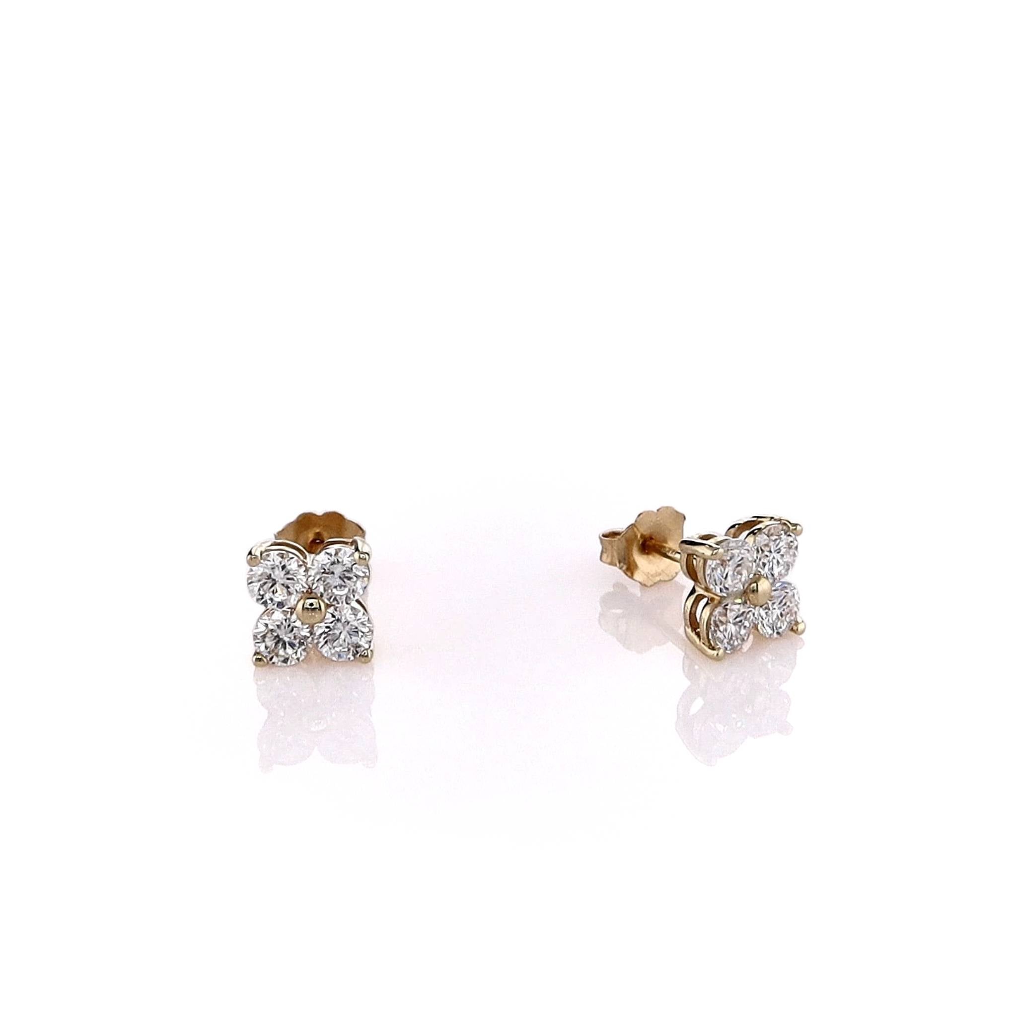 14k Yellow Gold Stud Earrings with Four Clusters of Round Brilliant Diamonds