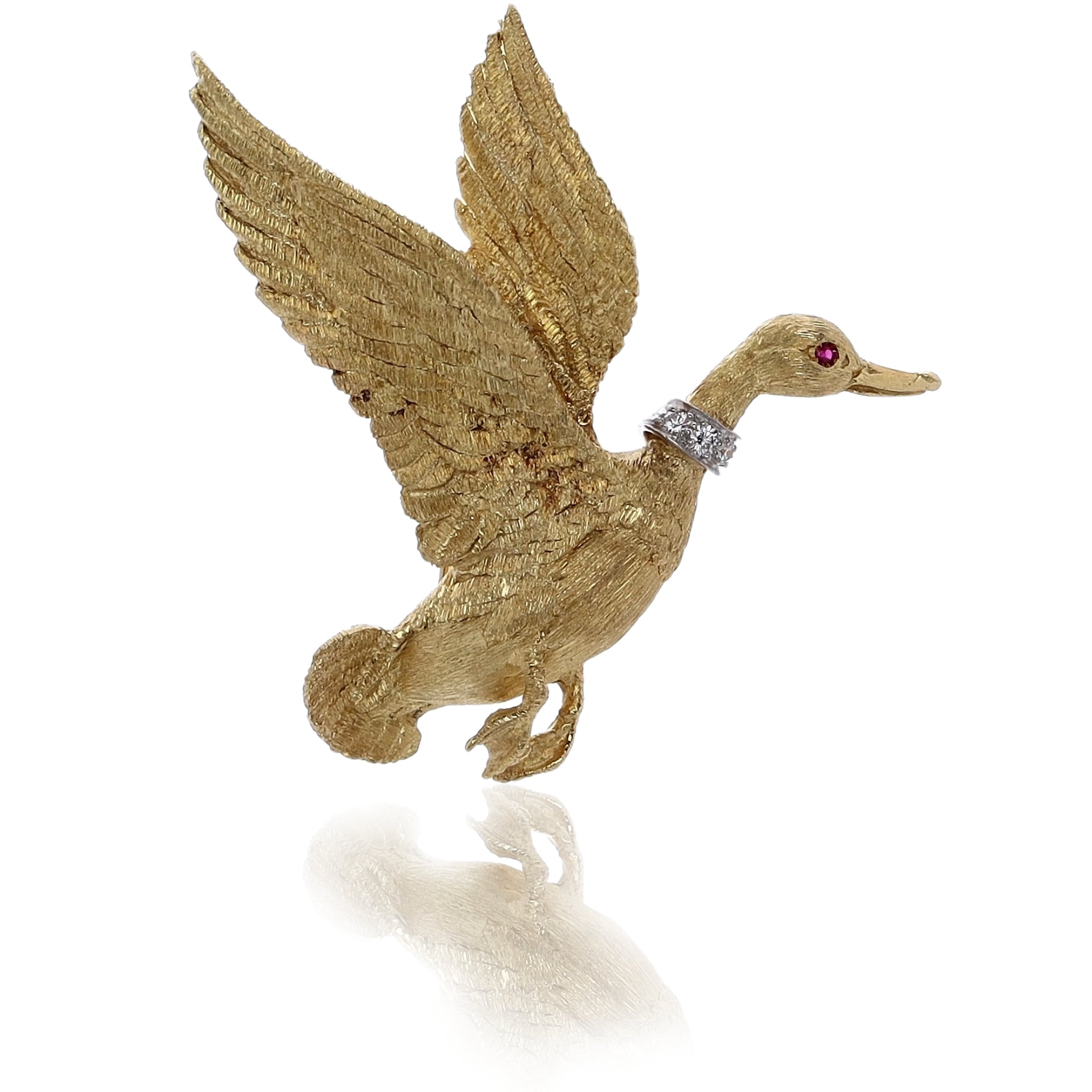 Estate 18 Karat Yellow Gold and Platinum Mallard Duck Pin Adorned with Diamonds and a Ruby