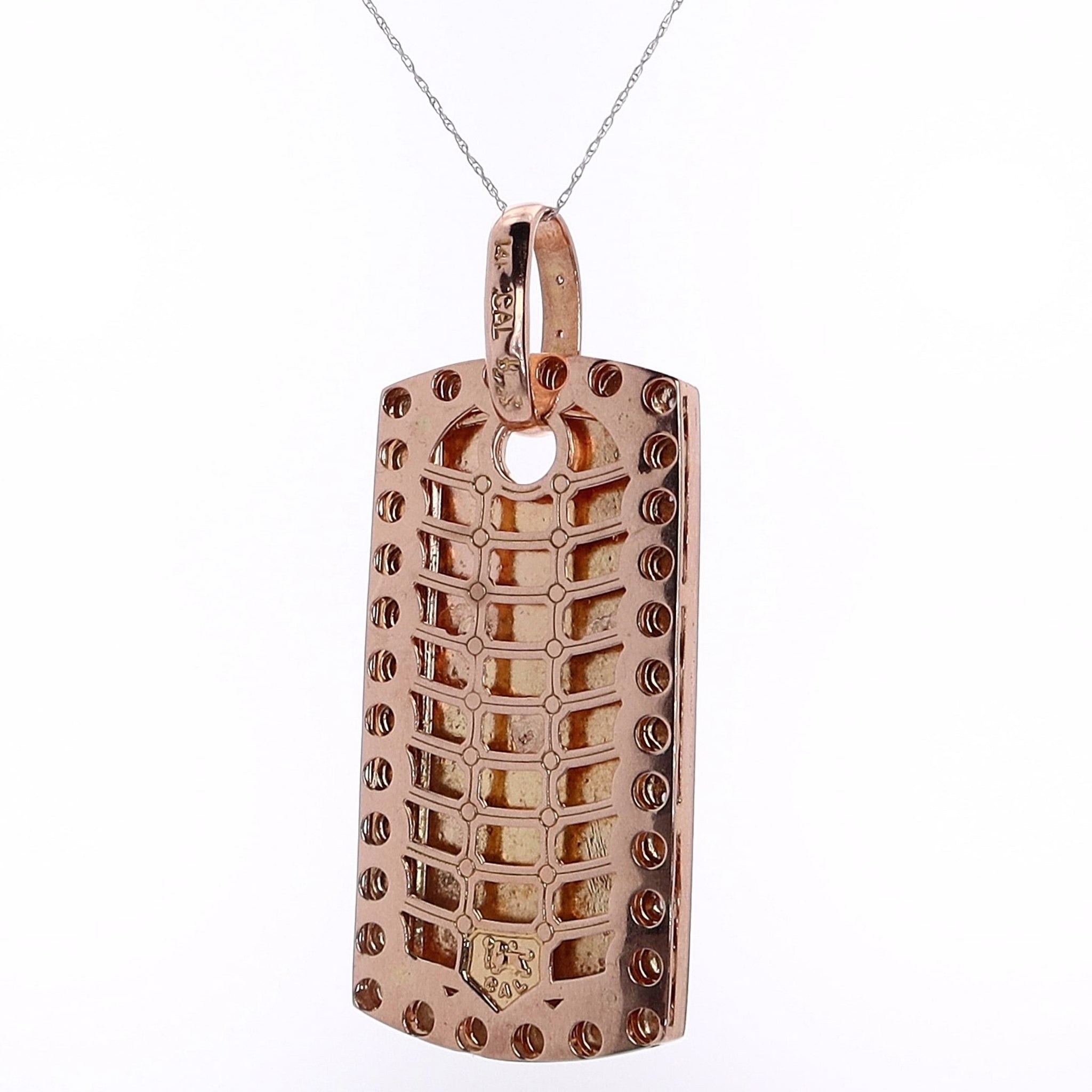 14K White and Rose Gold Dog Tag Skull Pendant with 2 Round Garnet Eyes and 97 Diamonds