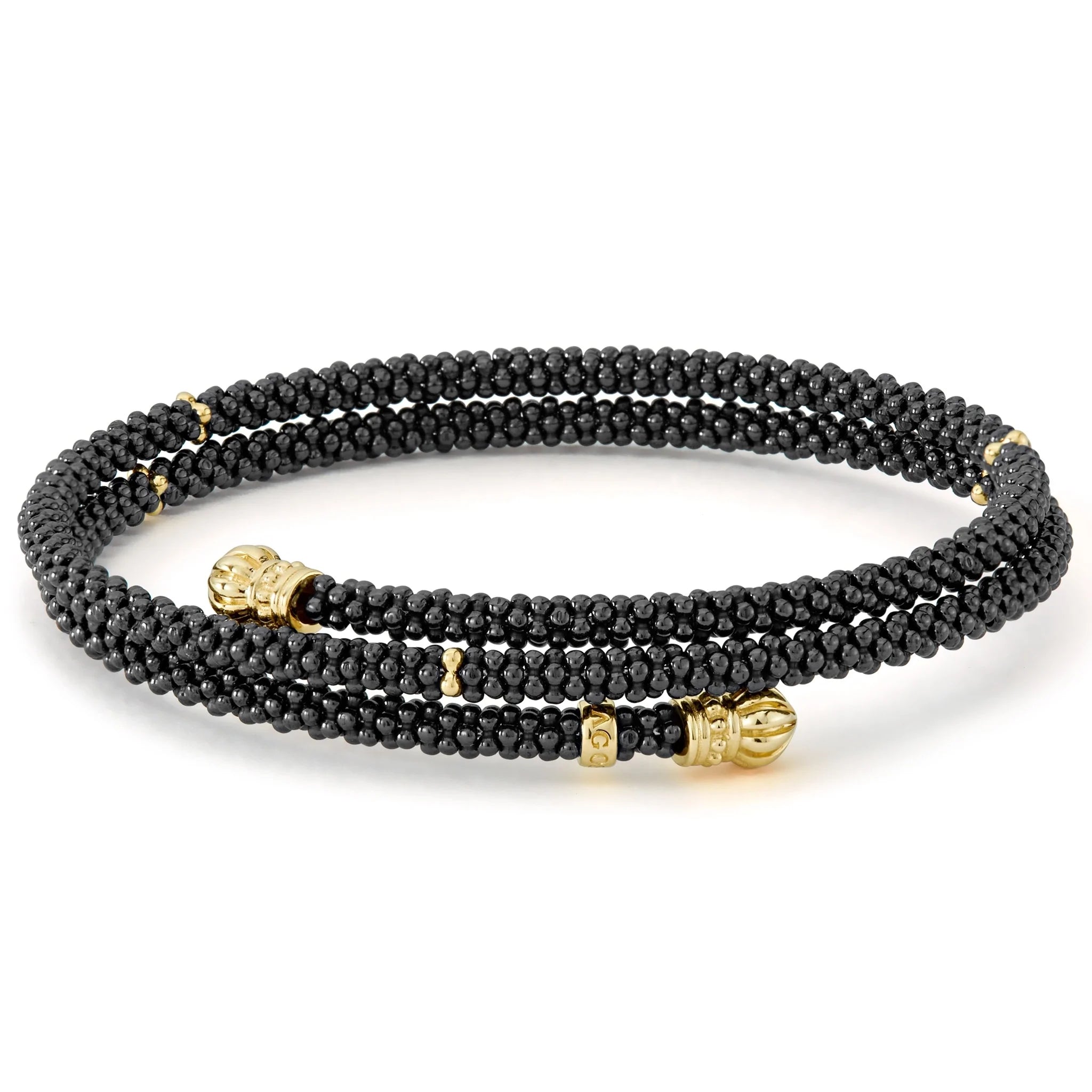 Lagos 18k Gold-Plated Classic Black Caviar Beaded Wrap Bracelet with 3mm Width