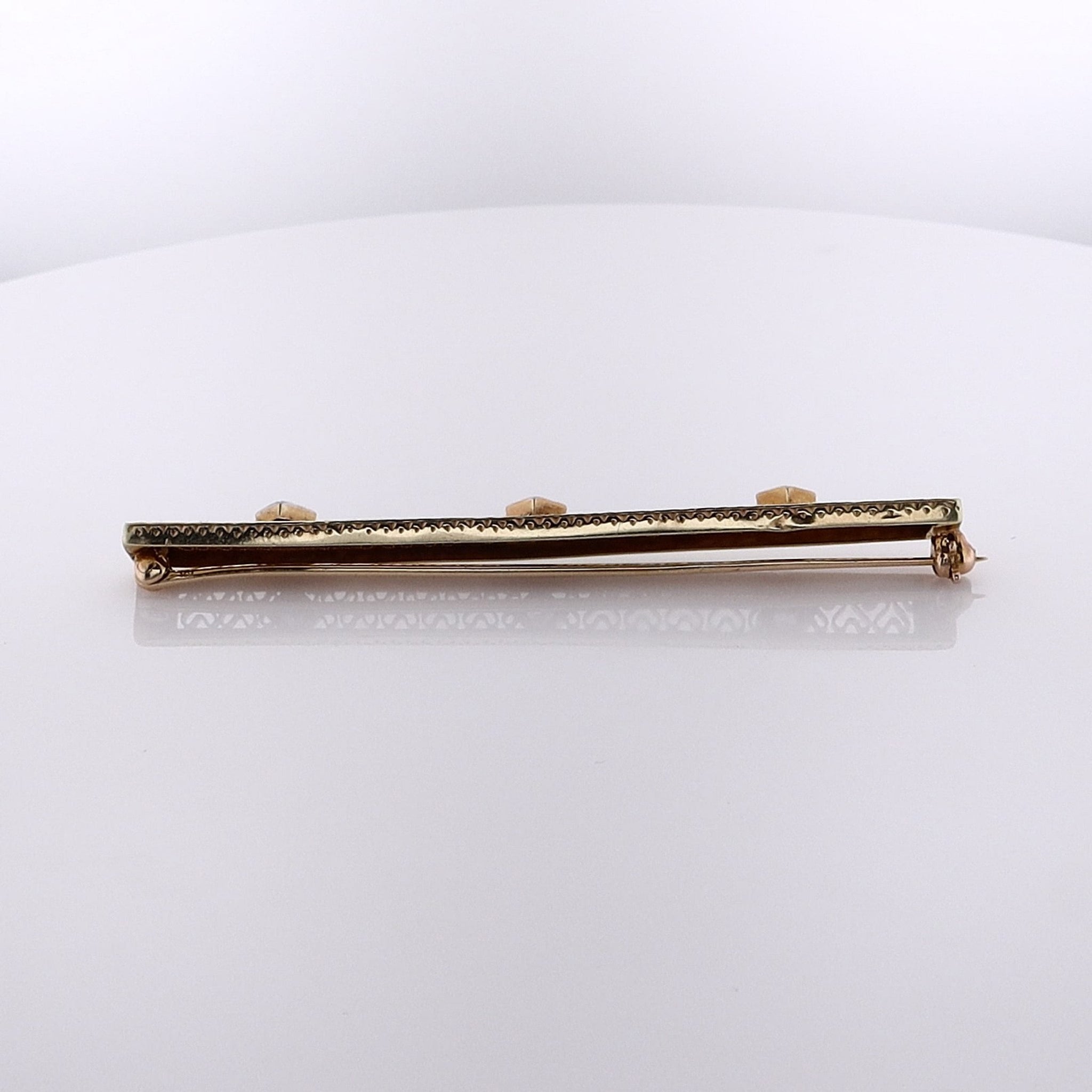 Exquisite 14 Karat Yellow Gold Bar Pin with 3 Old European Diamonds