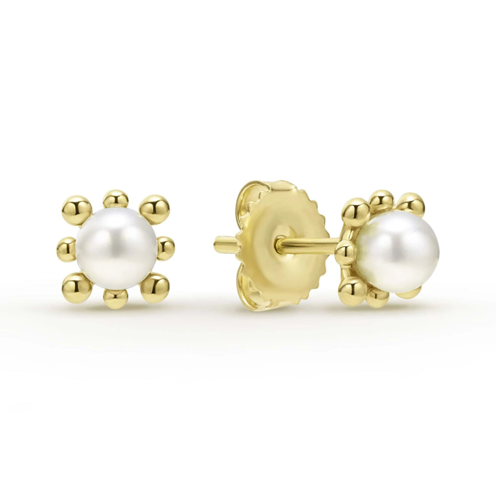 Lagos Luna 18k Gold Floral Pearl Stud Earrings with 4mm Pearls