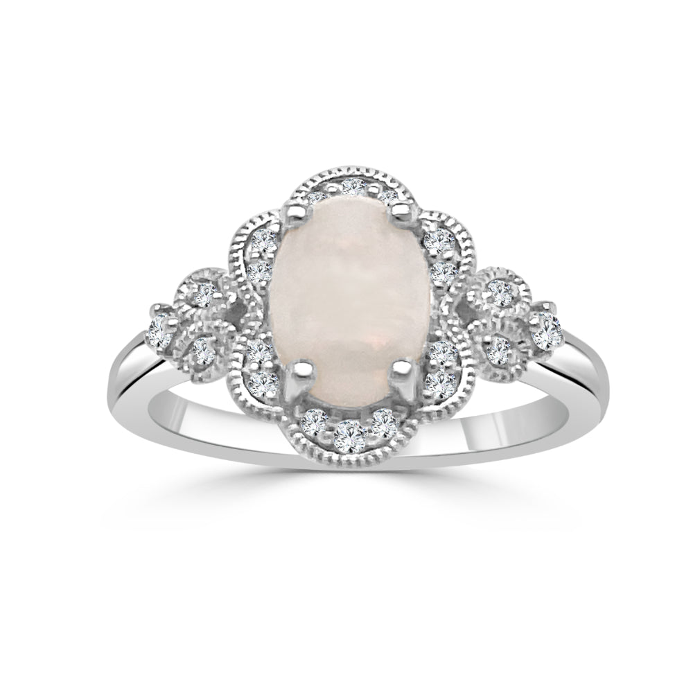 Exquisite 14k Gold Oval Opal Floral Design Engagement Ring with 8x6mm Oval Opal and 20 Round Brilliant Cut Diamonds