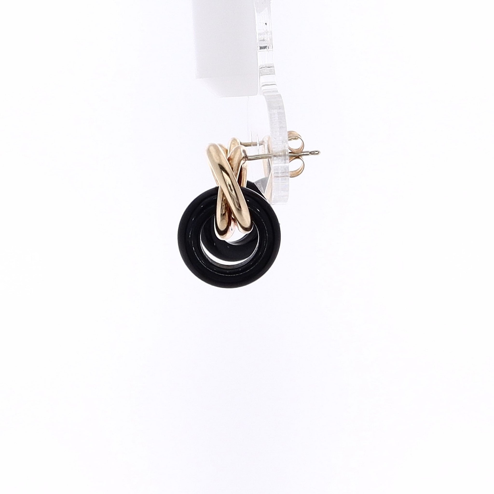 Exquisite Estate 14k Yellow Gold Stud Earrings with Love Knot Design and Round Onyx Accents