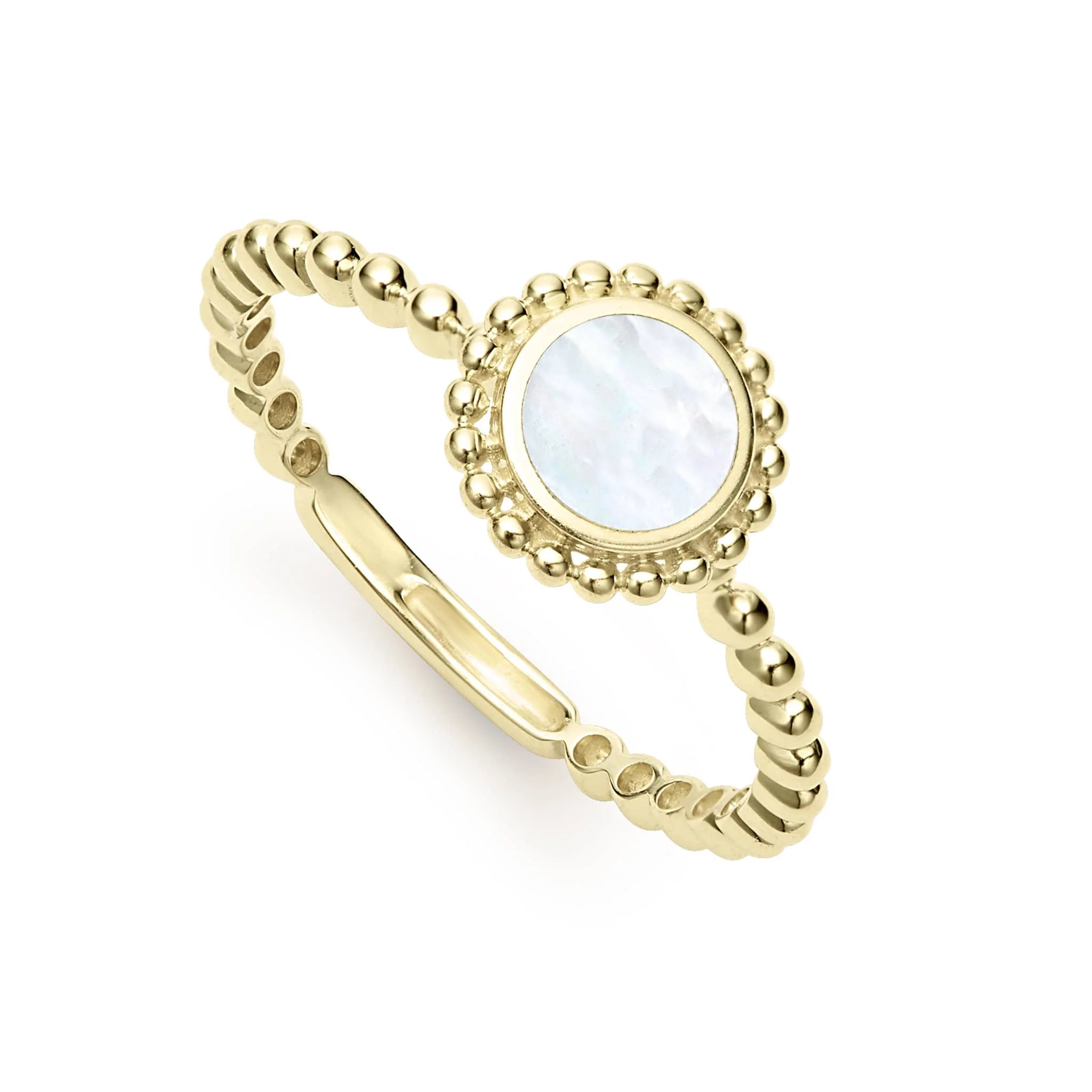 18Y Coveted White Pearl Stacking Ring with 9MM Round Disc Design, Size 7