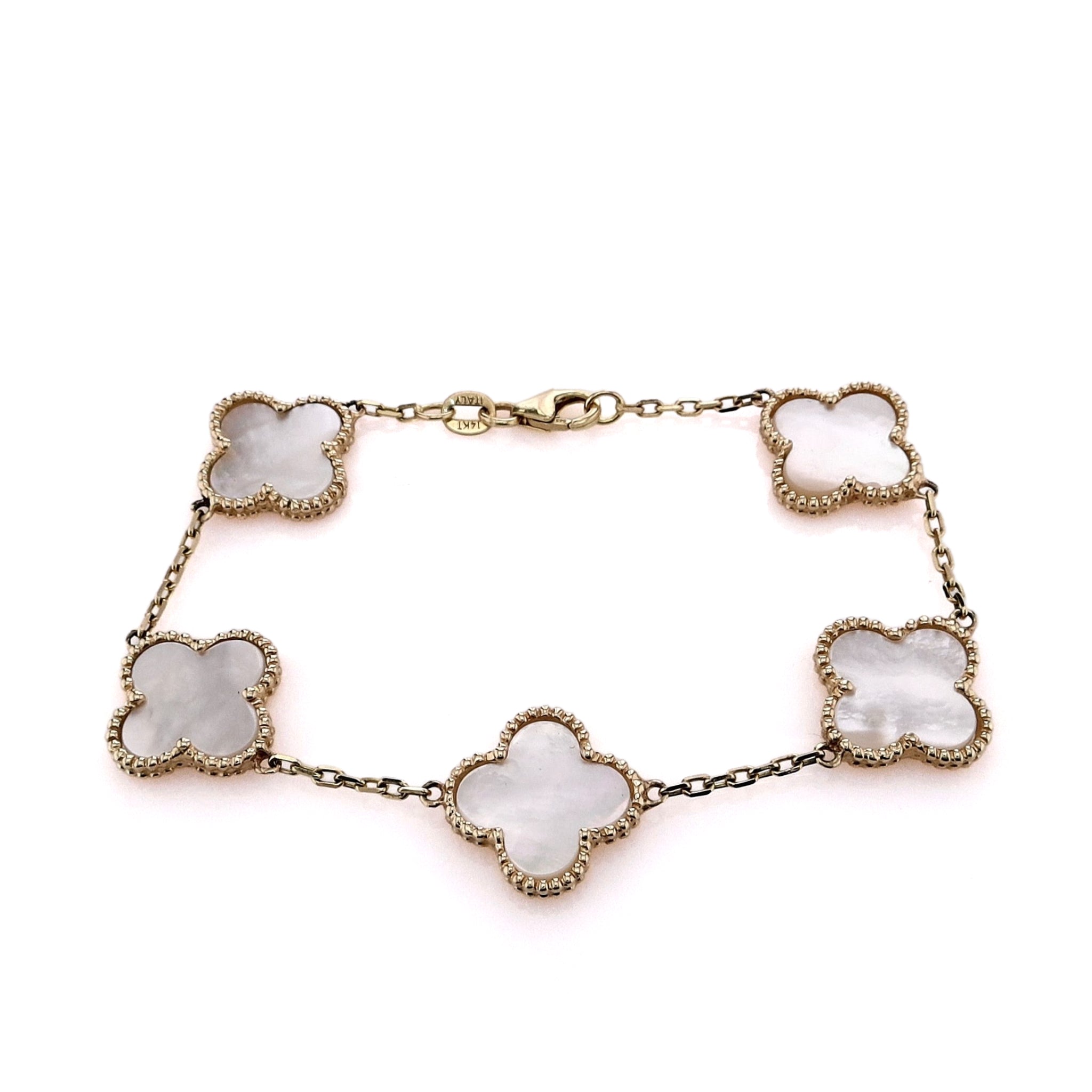 14k Yellow Gold, 7.5-Inch Mother of Pearl Clover Design Station Bracelet - A Stunning Jewelry Piece