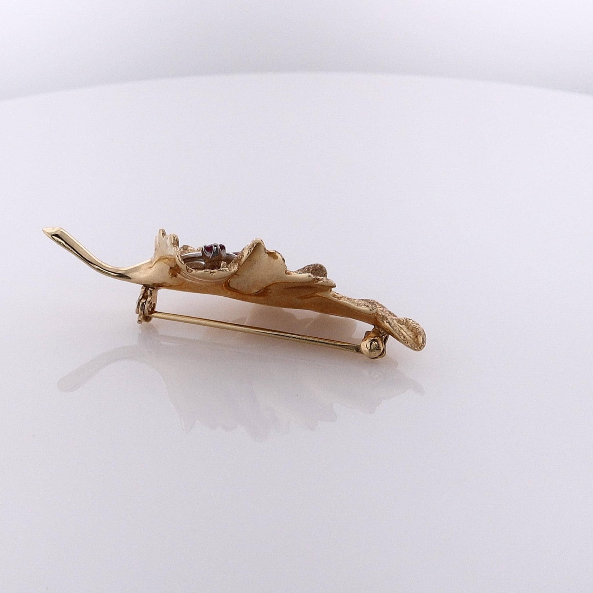Exquisite 14k Two Tone Gold Ruby and Diamond Leaf Design Brooch Pin