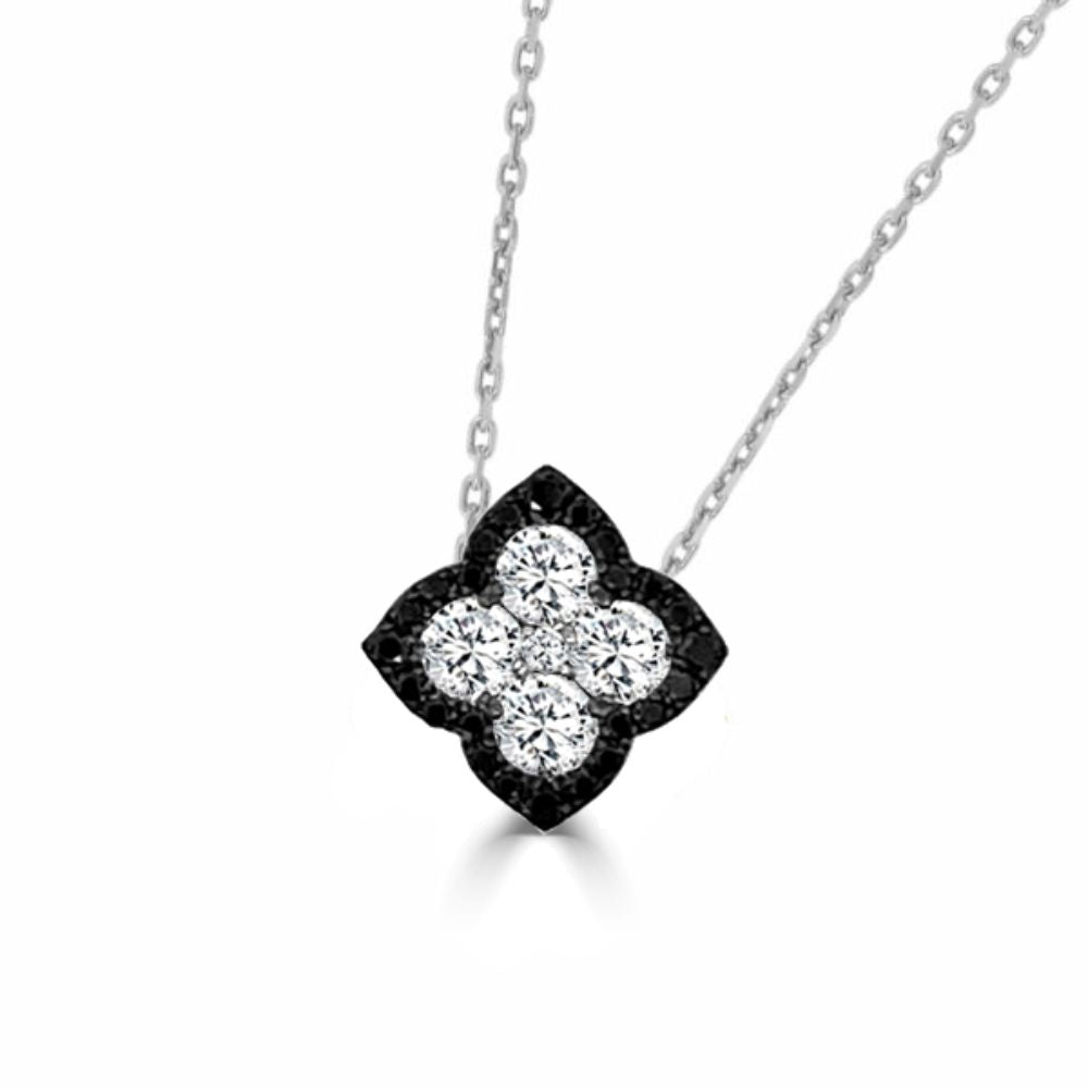 14k White Gold Fleur D'Amour Black and White Diamond Halo Necklace, 0.35 Ct