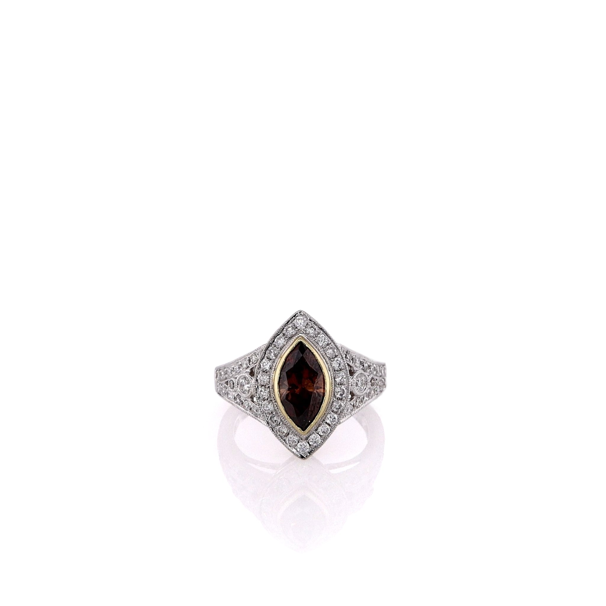 Exquisite 18k Two-Tone Halo and Split Shank Engagement Ring with Fancy Brown and White Diamonds