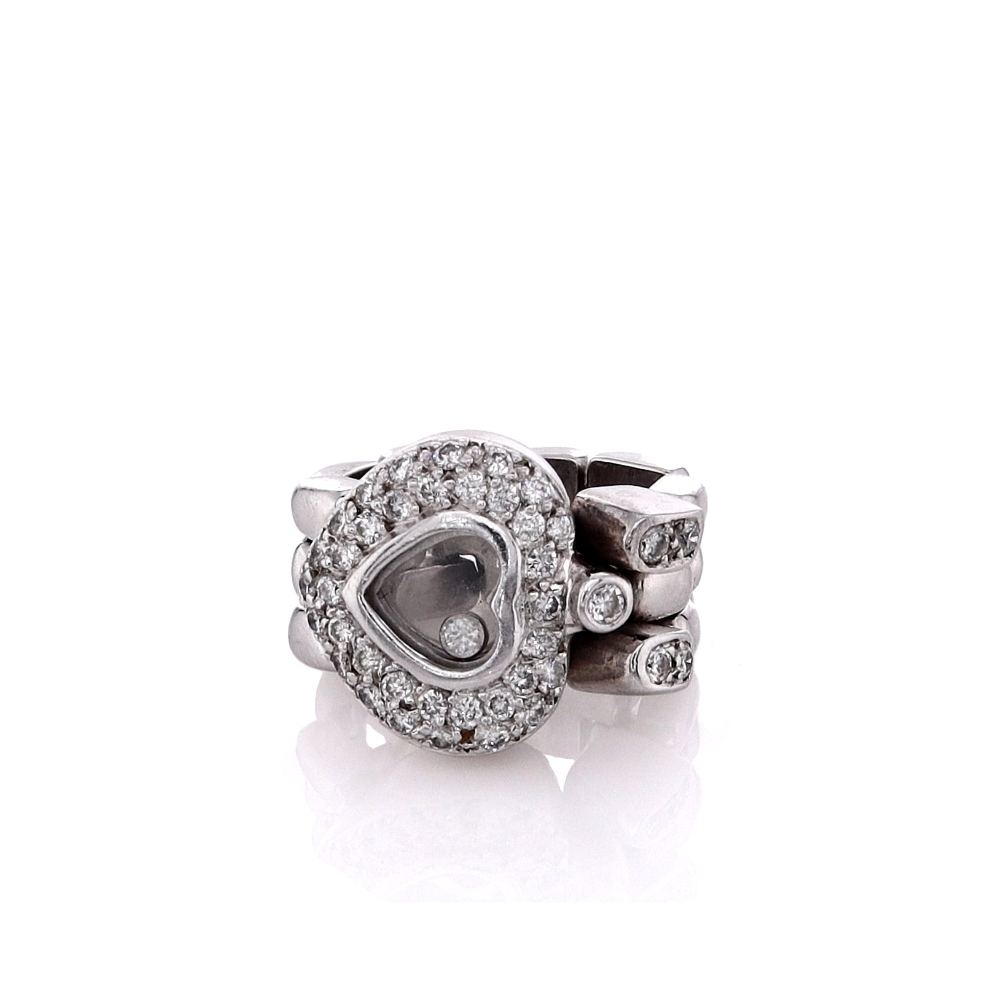 Exquisite Estate 18k White Gold Diamond Ring with Heart Shaped Center Floating Bezel and Flexible Link Design
