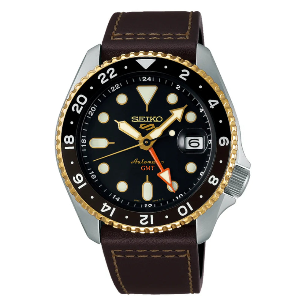 Seiko 5 Sports 42.5mm Automatic GMT Leather-Strapped Watch