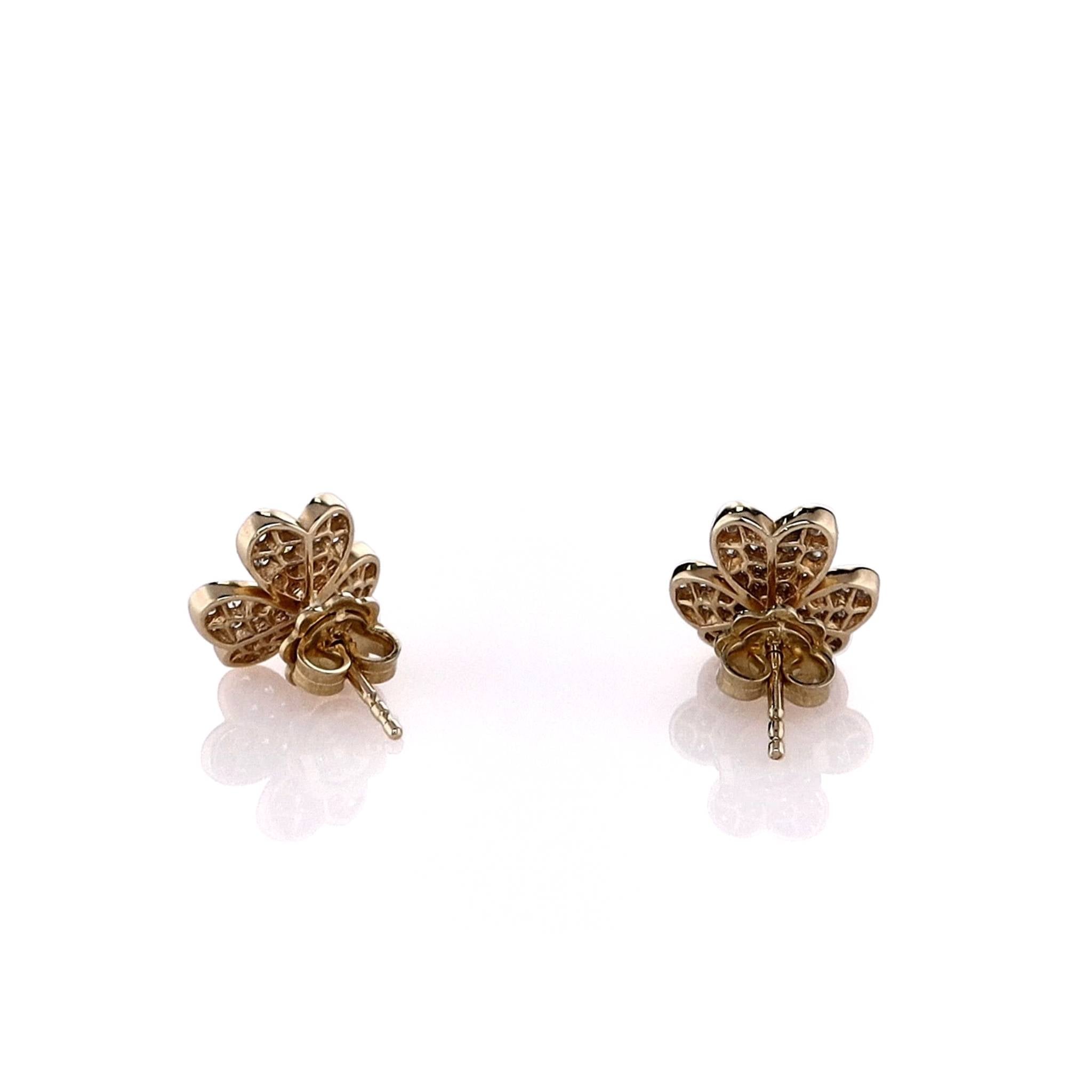 14k Yellow Gold Fashionable Floral Clover Design Pave Set Stud Earrings for Women