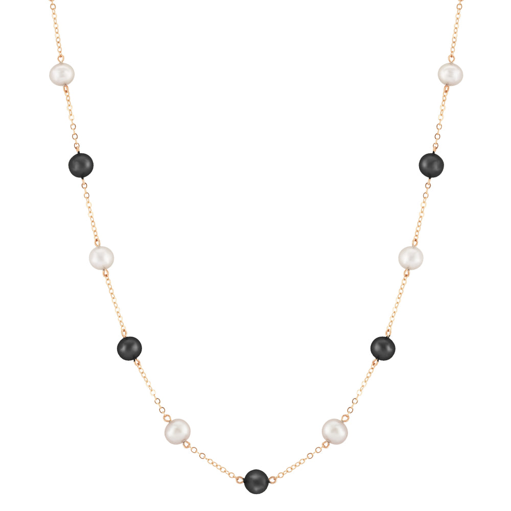 Exquisite 14k Gold Pearl and Onyx Station Necklace for Daily Elegance
