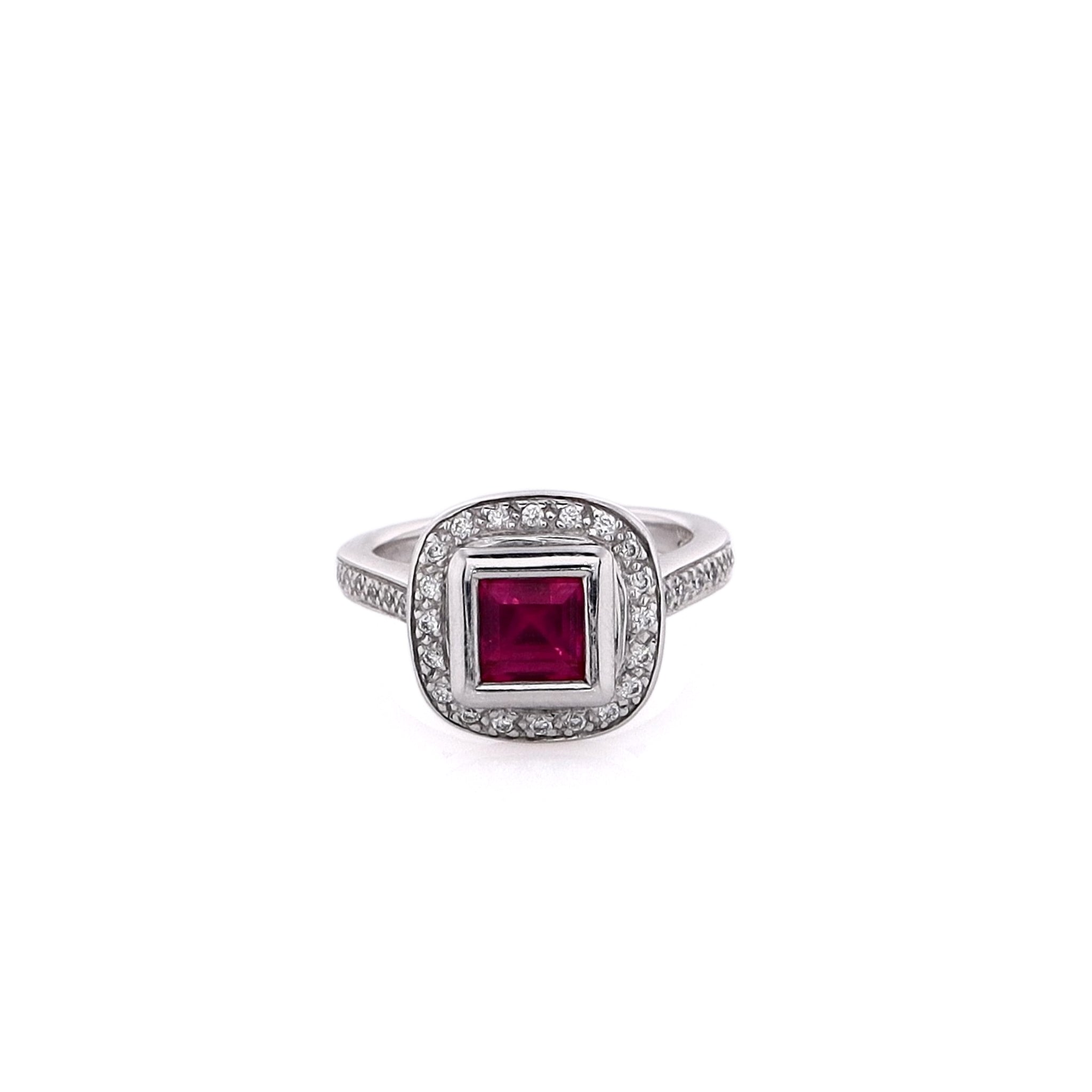 Exquisite 14k White Gold Synthetic Square Ruby with Diamond Halo Ring Size 5