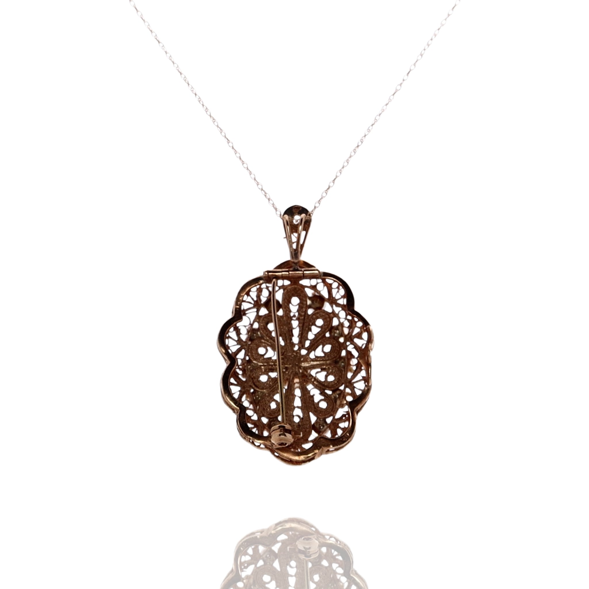 14k Yellow Gold Necklace with 1 Oval and 10 Round Opals as Pin/Pendant