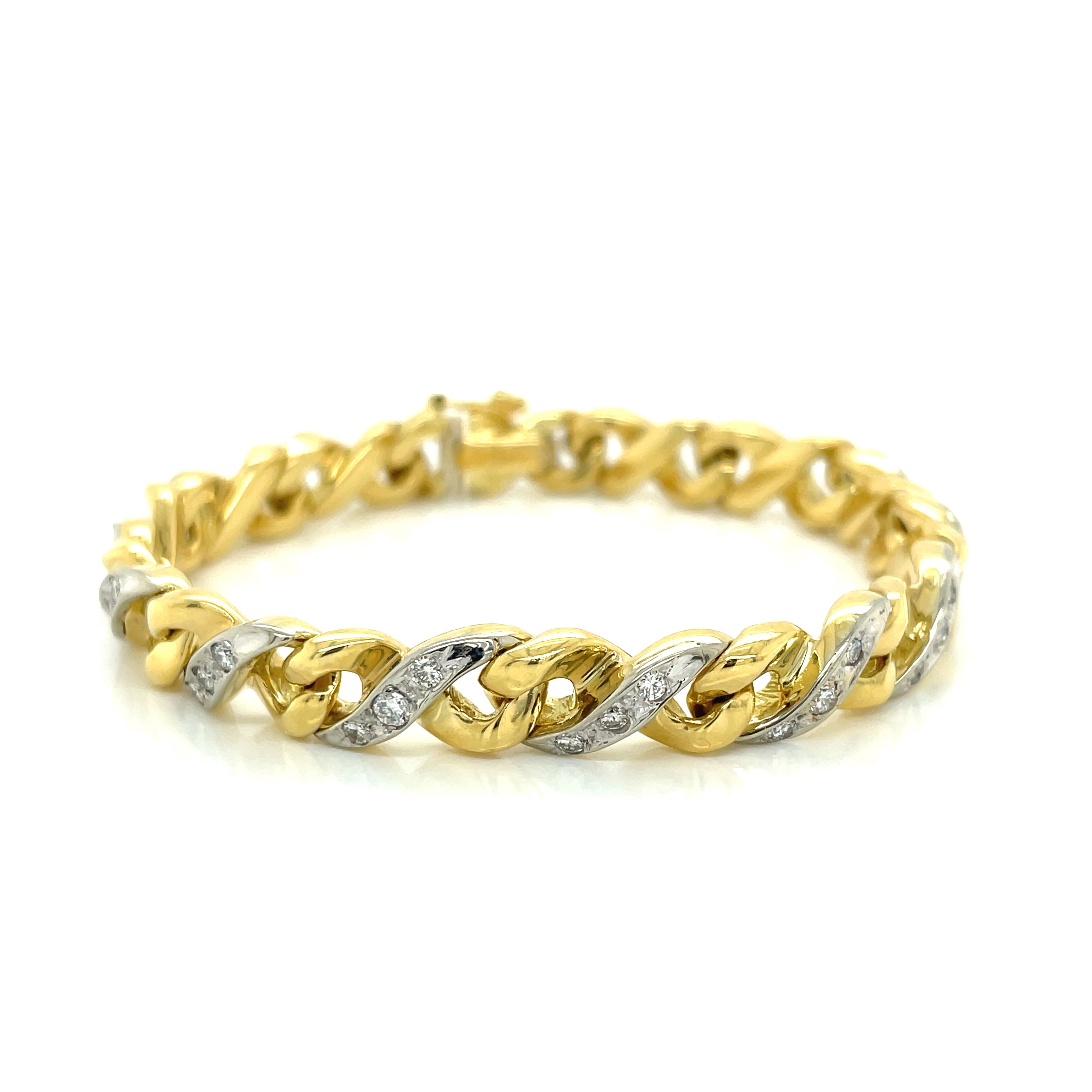 18k Gold Two Tone Luxury Estate Infinity Link Bracelet Adorned With Pave Set Round Brilliant Cut Diamonds