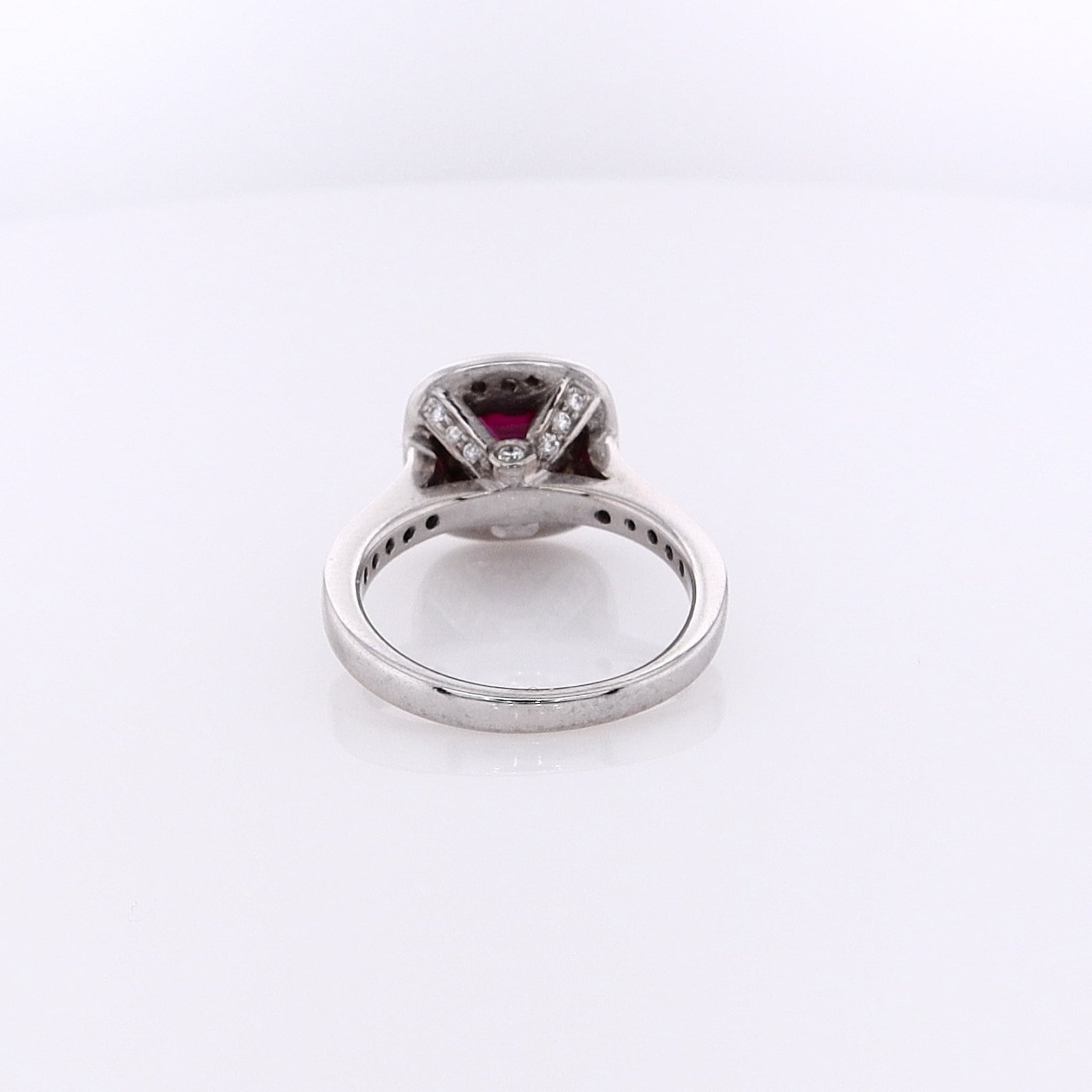 Exquisite 14k White Gold Synthetic Square Ruby with Diamond Halo Ring Size 5