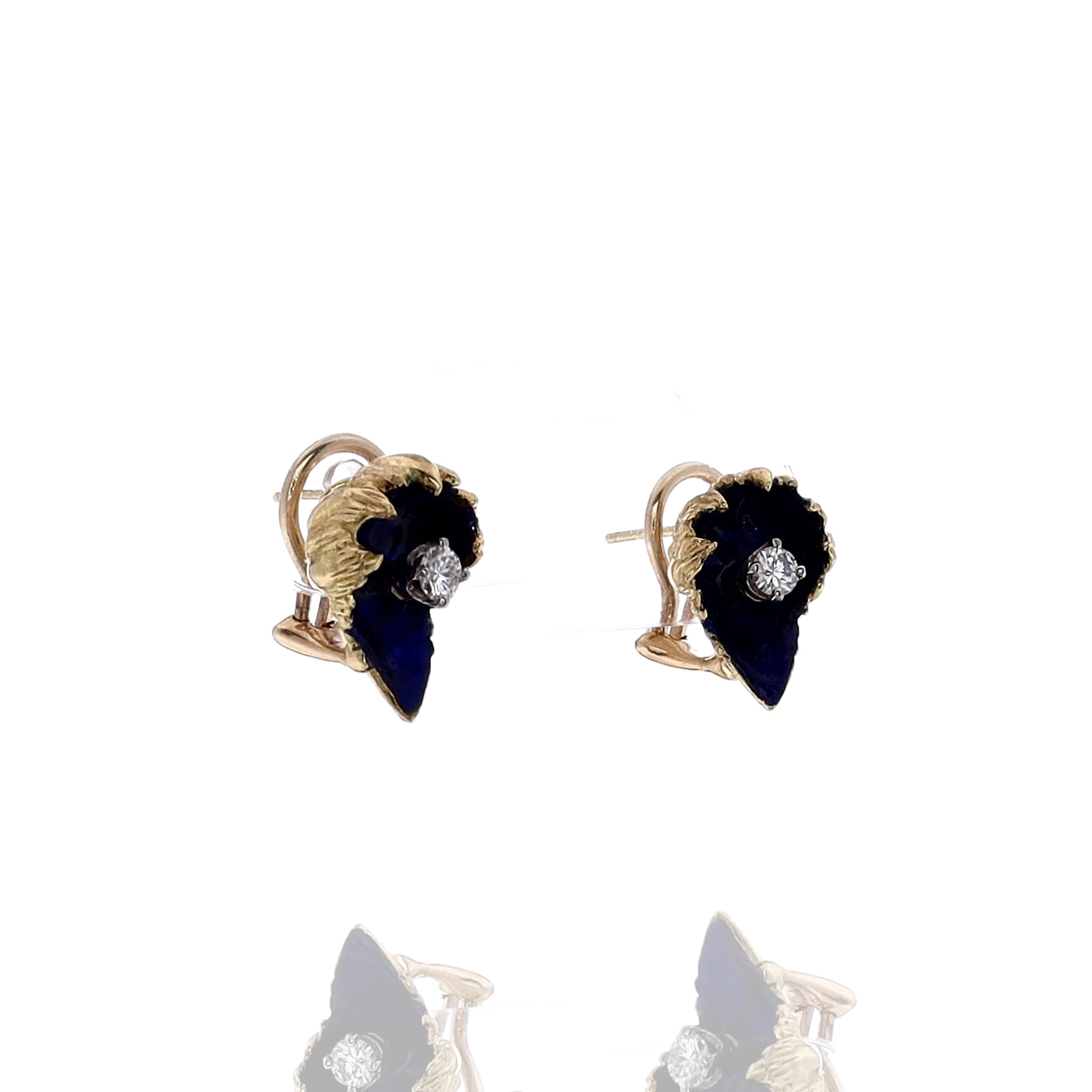 18k Yellow Gold Estate Blue Enamel Flower Pod Design Pierced and Clip - On Diamond Earrings for Jewelry Lovers