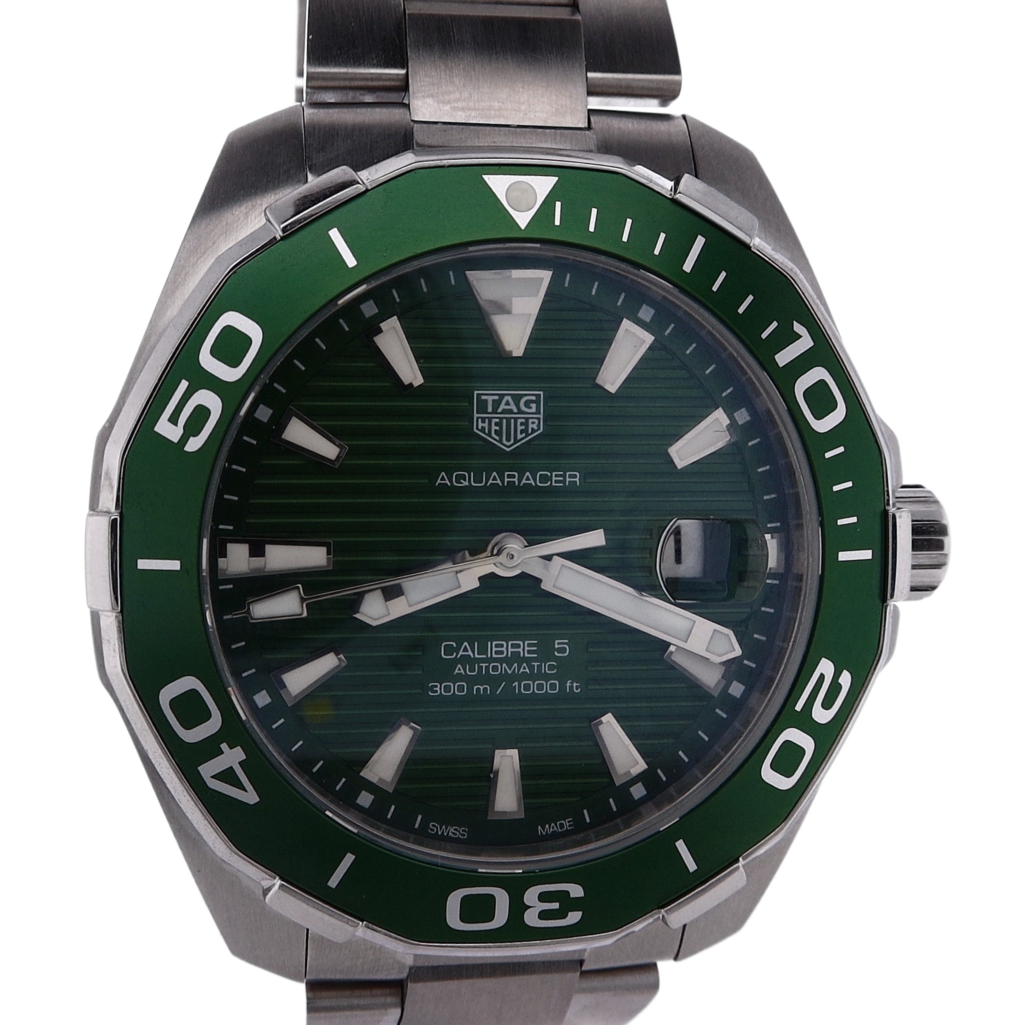 Tag Heuer Men's Estate Aquaracer Automatic Watch with Calibre 5 Movement, Green Dial, Green Bezel, Brushed Stainless Steel Bracelet and Box