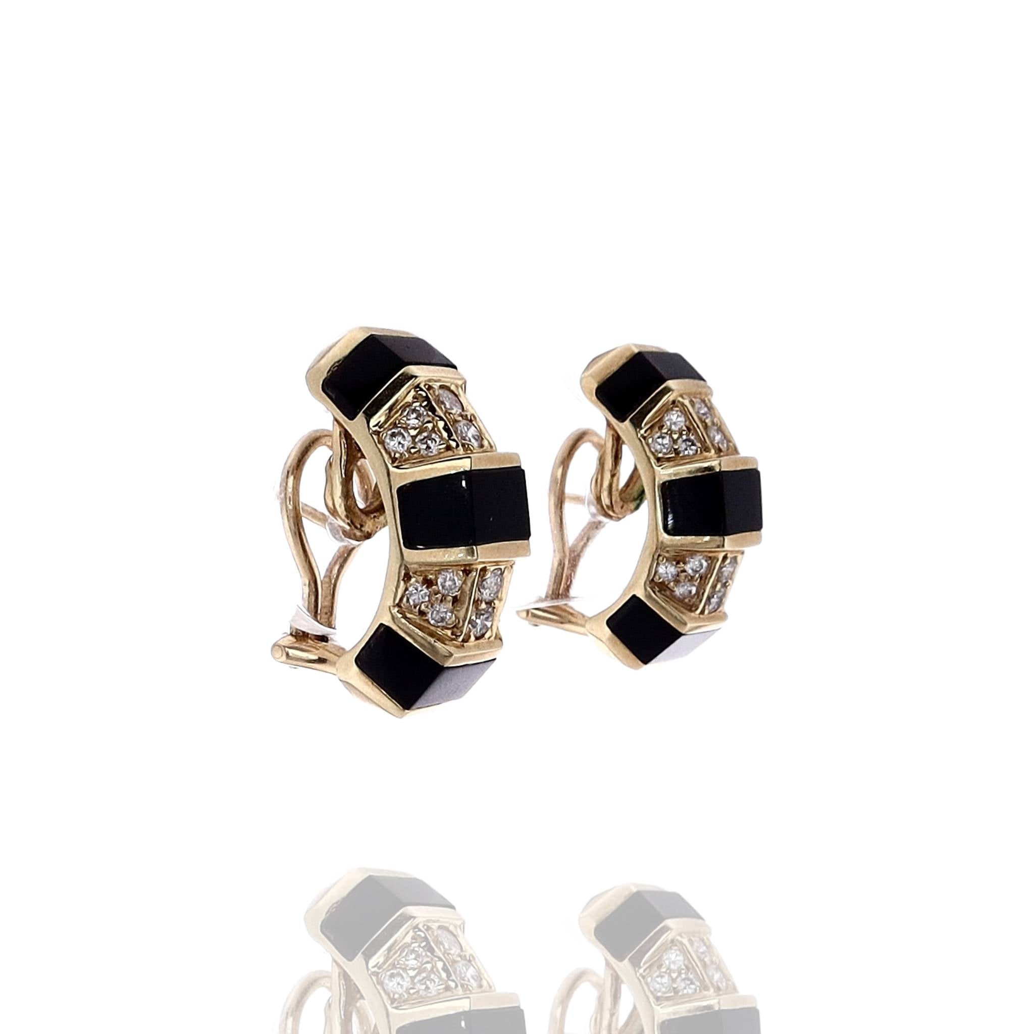 Exquisite 14k Yellow Gold Onyx and Diamond Triple - Sided Hoop Earrings