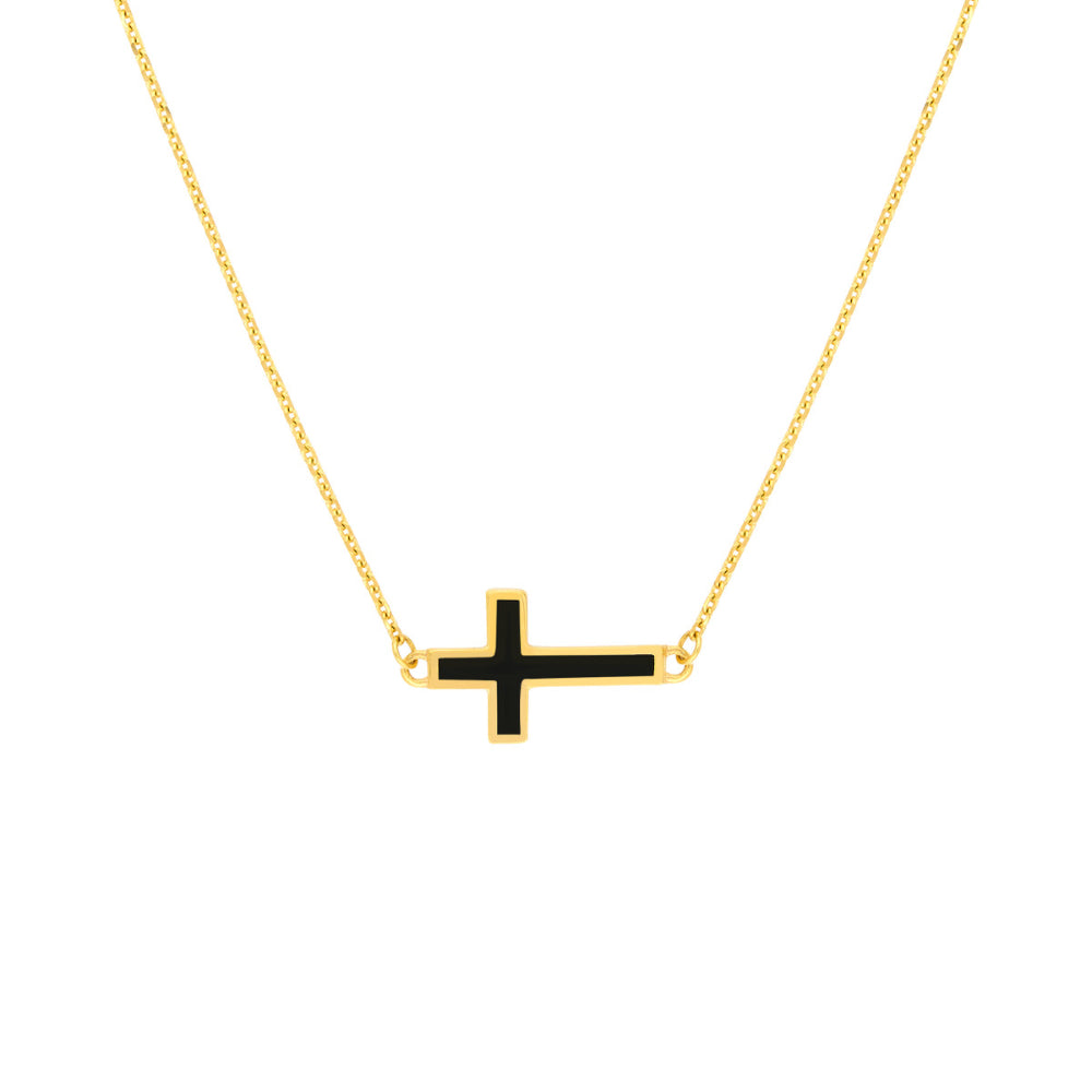 14k Yellow Gold Adjustable Sideways Enamel Cross Necklace