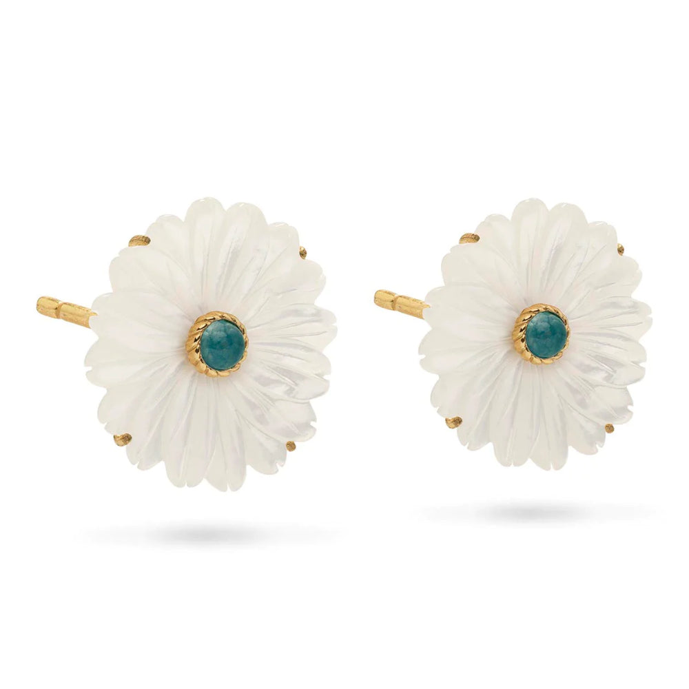 Exquisite Capucine de Wulf Mermaid Garden Flower-Inspired Stud Earrings Crafted from Mother of Pearl and Ocean Jade