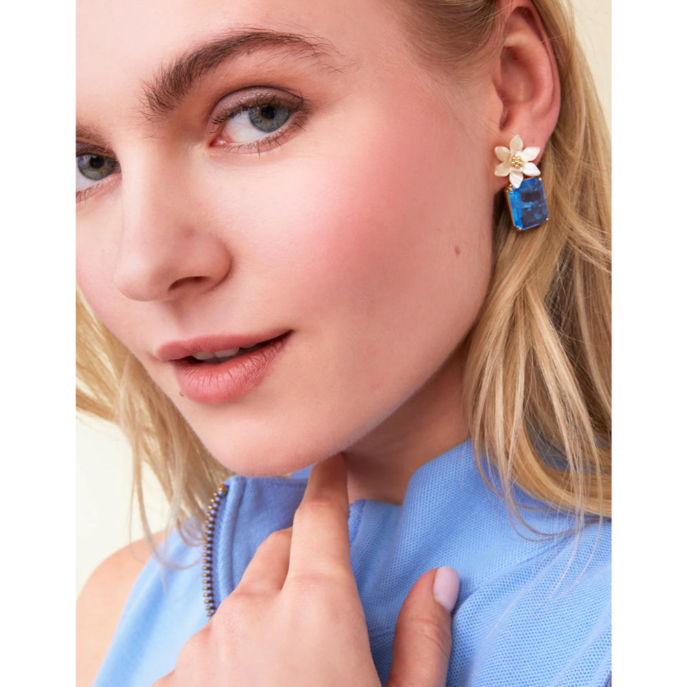 Blue Sparkling Gem and Resin Flower Dangling Earrings - Spartina