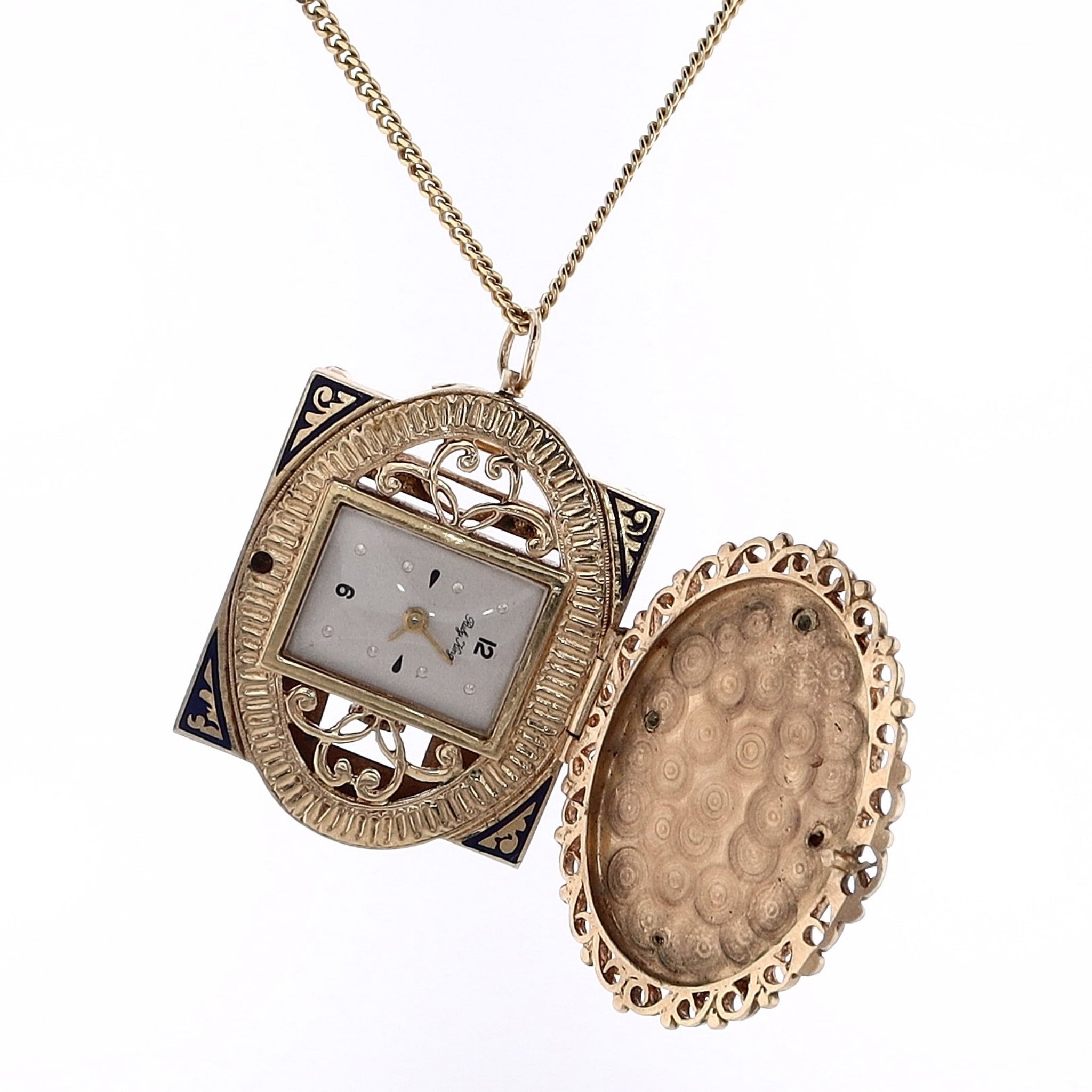 Estate Yellow Gold Portrait Lady Diamond and Watch Pin Pendant Necklace in 14 and 18 Karats by Ruby King
