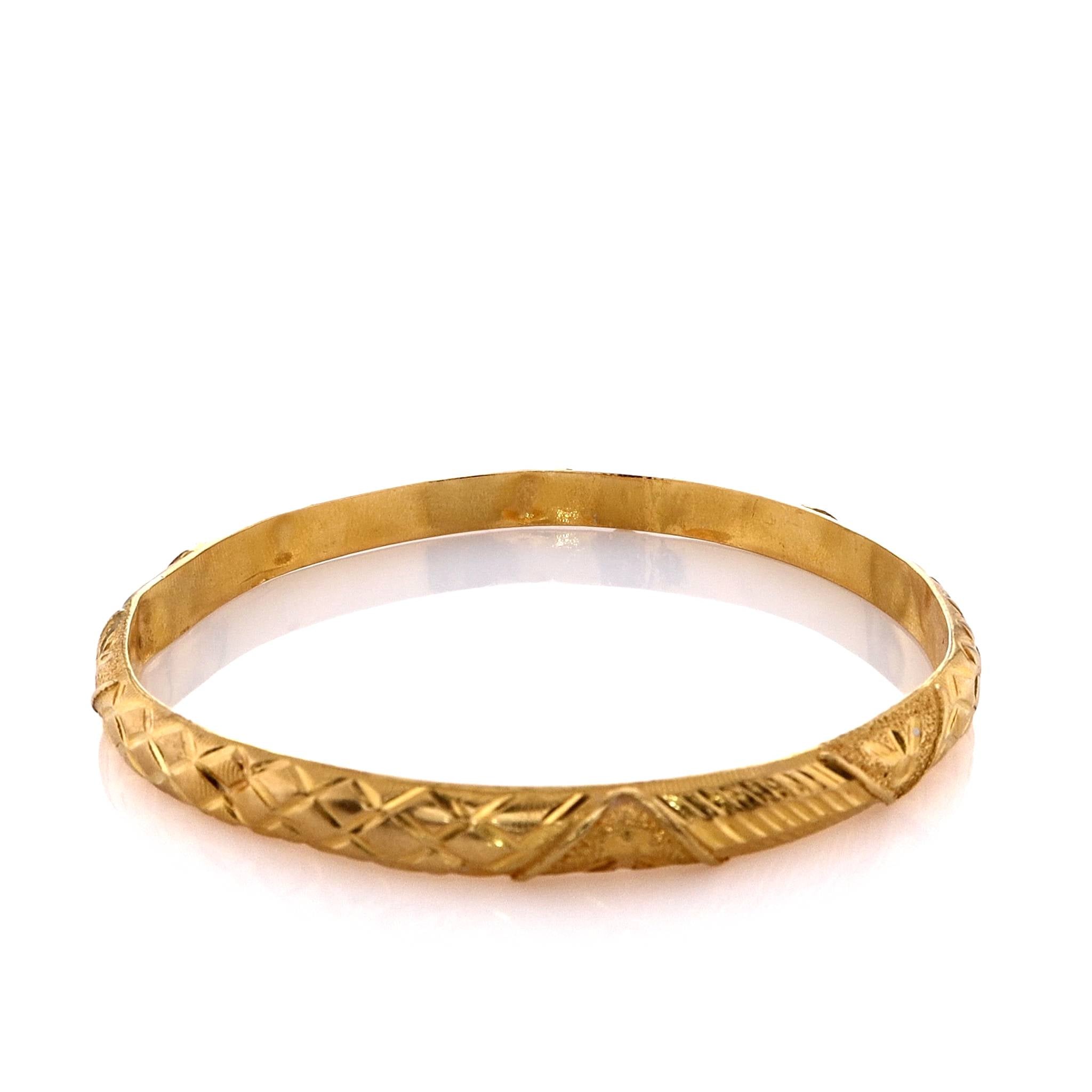 22k Yellow Gold Slip - On Bangle Bracelet with Engraved X and Diagonal Lines